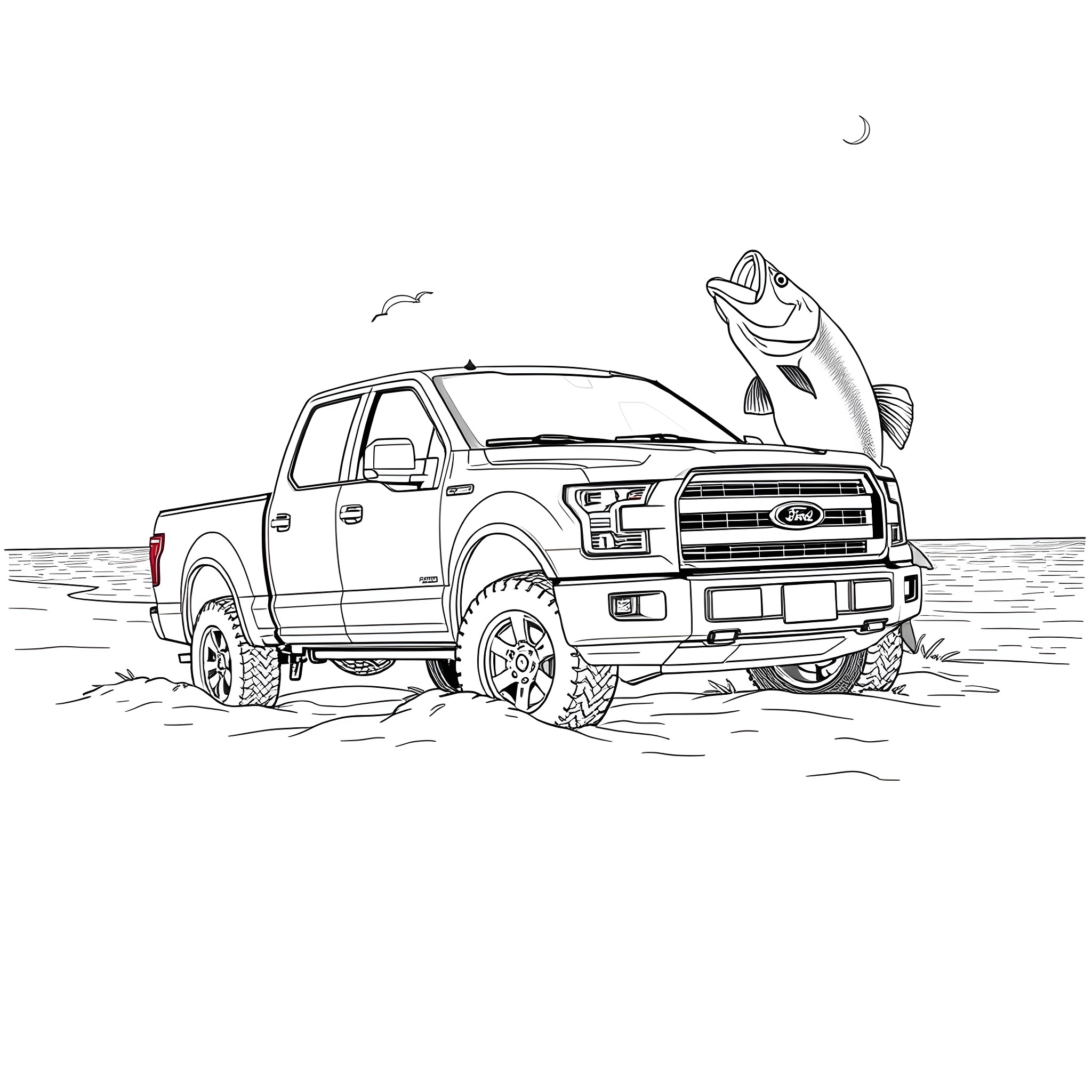 Ford Pickup Truck Fishing Adventure Coloring Page (free black-and-white line drawing printable PDF for all, from beginners to advanced learners, including children, teens, adults, and seniors)