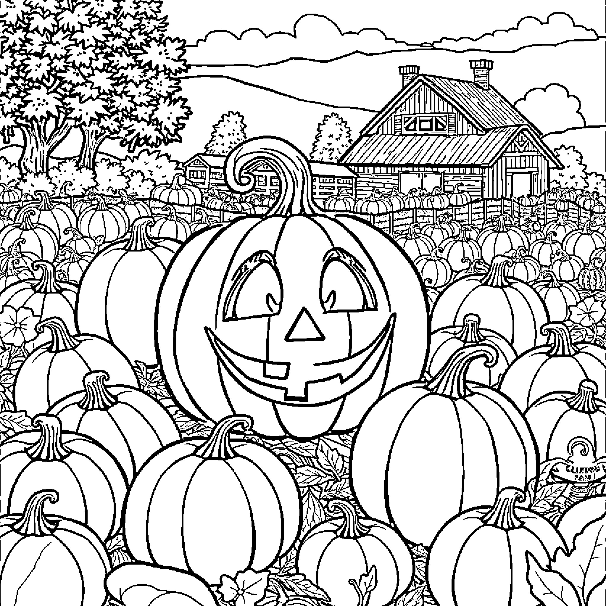 Spookley's Pumpkin Patch Adventure Coloring Page (free black-and-white line drawing printable PDF for all, from beginners to advanced learners, including children, teens, adults, and seniors)