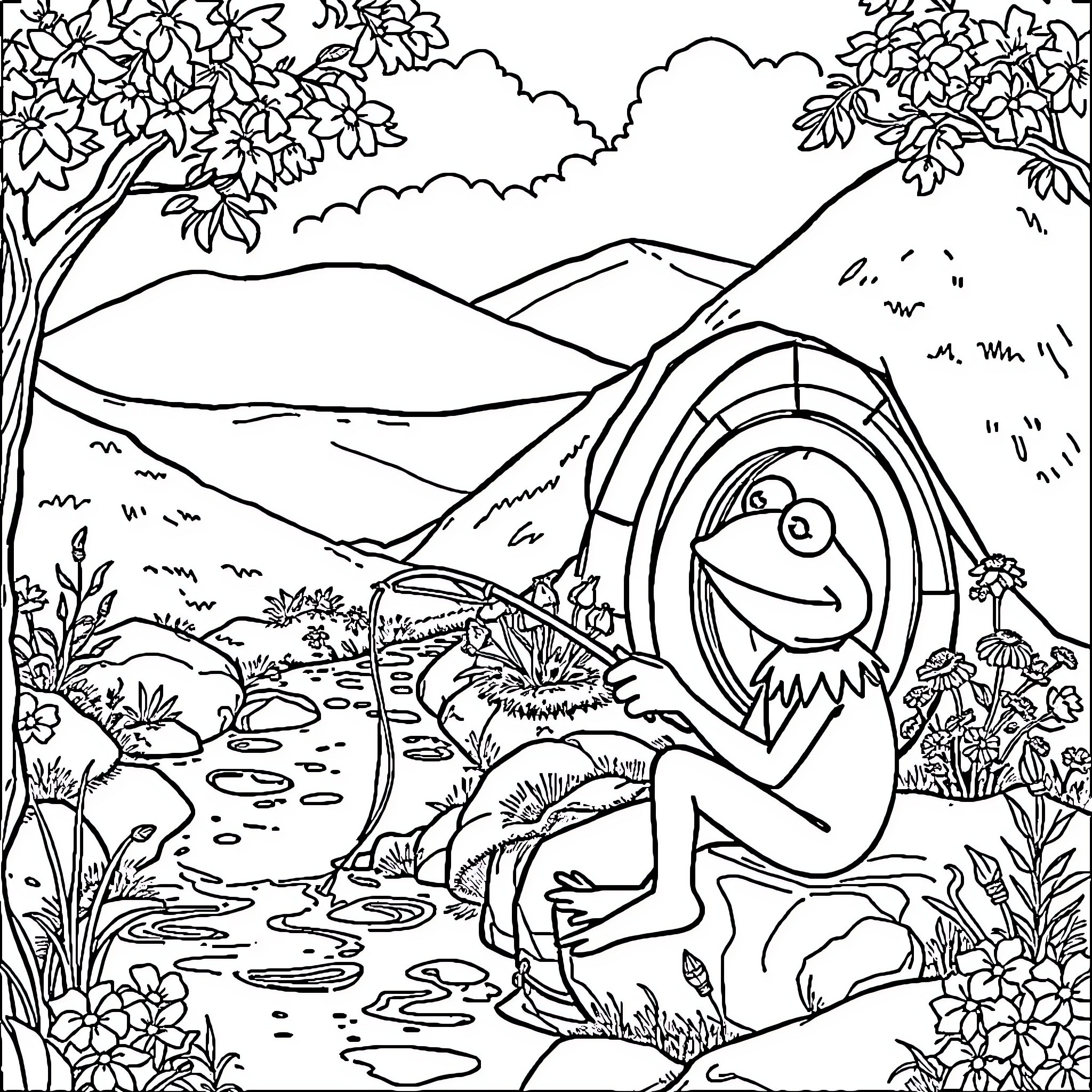 Kermit explores the beautiful outdoor scenery Coloring Page (free black-and-white line drawing printable PDF for all, from beginners to advanced learners, including children, teens, adults, and seniors)
