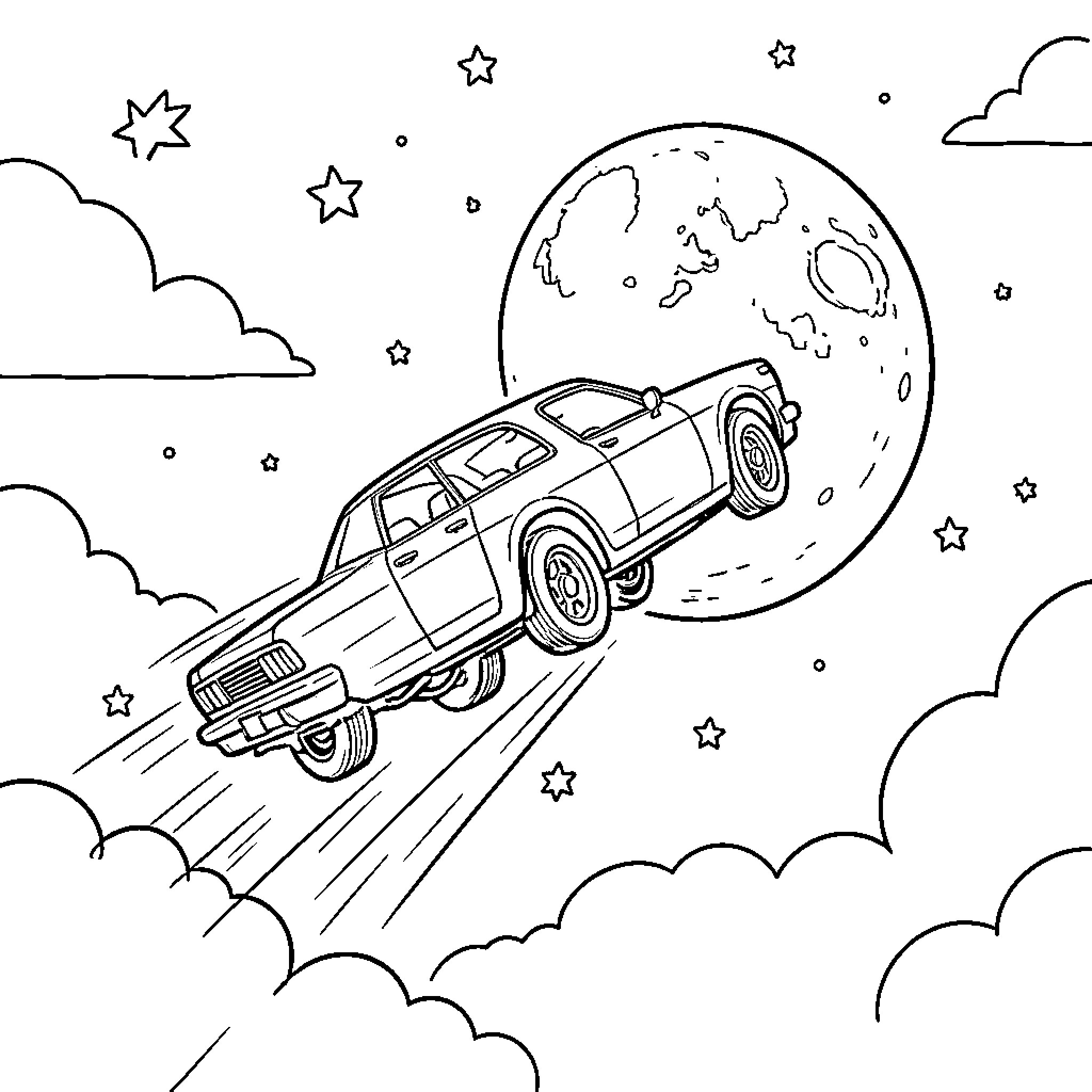 Flying Car soaring through the starry night sky Coloring Page (free black-and-white line drawing printable PDF for all, from beginners to advanced learners, including children, teens, adults, and seniors)