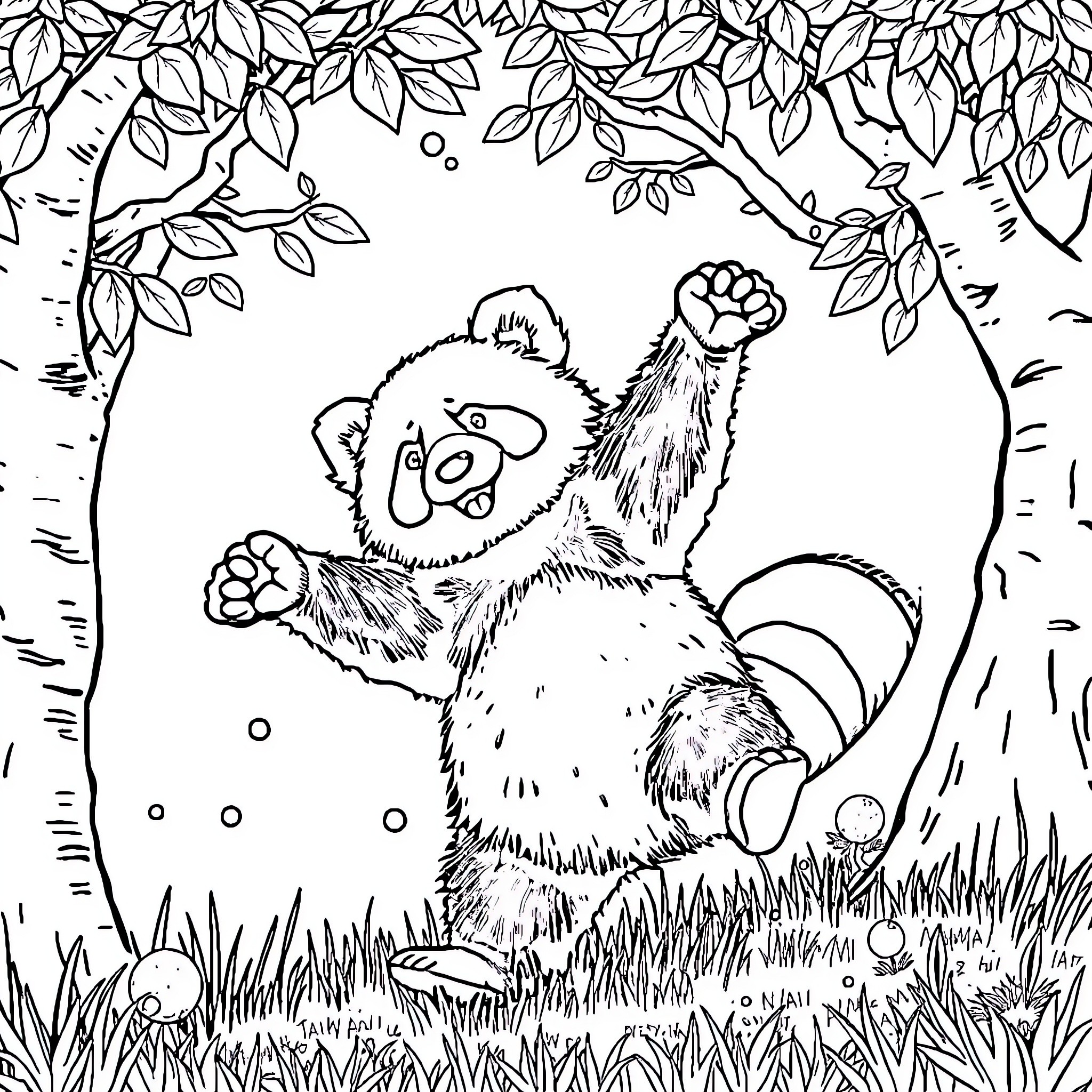 Panda playing playfully in the forest Coloring Page (free black-and-white line drawing printable PDF for all, from beginners to advanced learners, including children, teens, adults, and seniors)