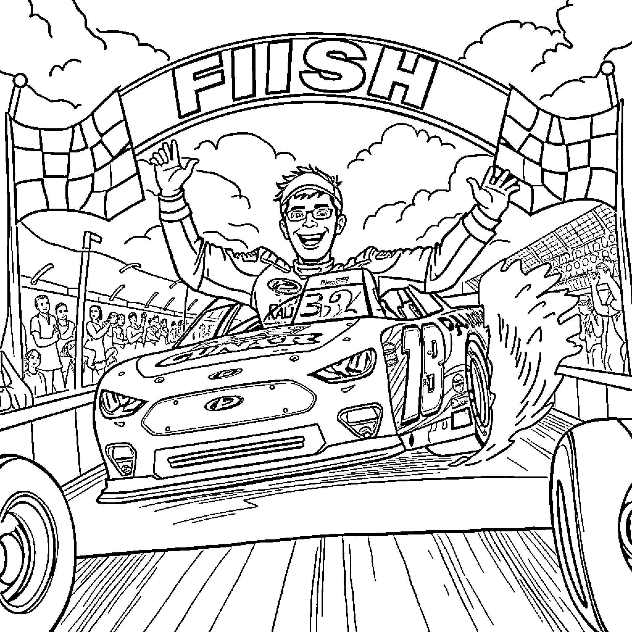 Chase Elliott Celebrates Victory at Finish Line Coloring Page (free black-and-white line drawing printable PDF for all, from beginners to advanced learners, including children, teens, adults, and seniors)