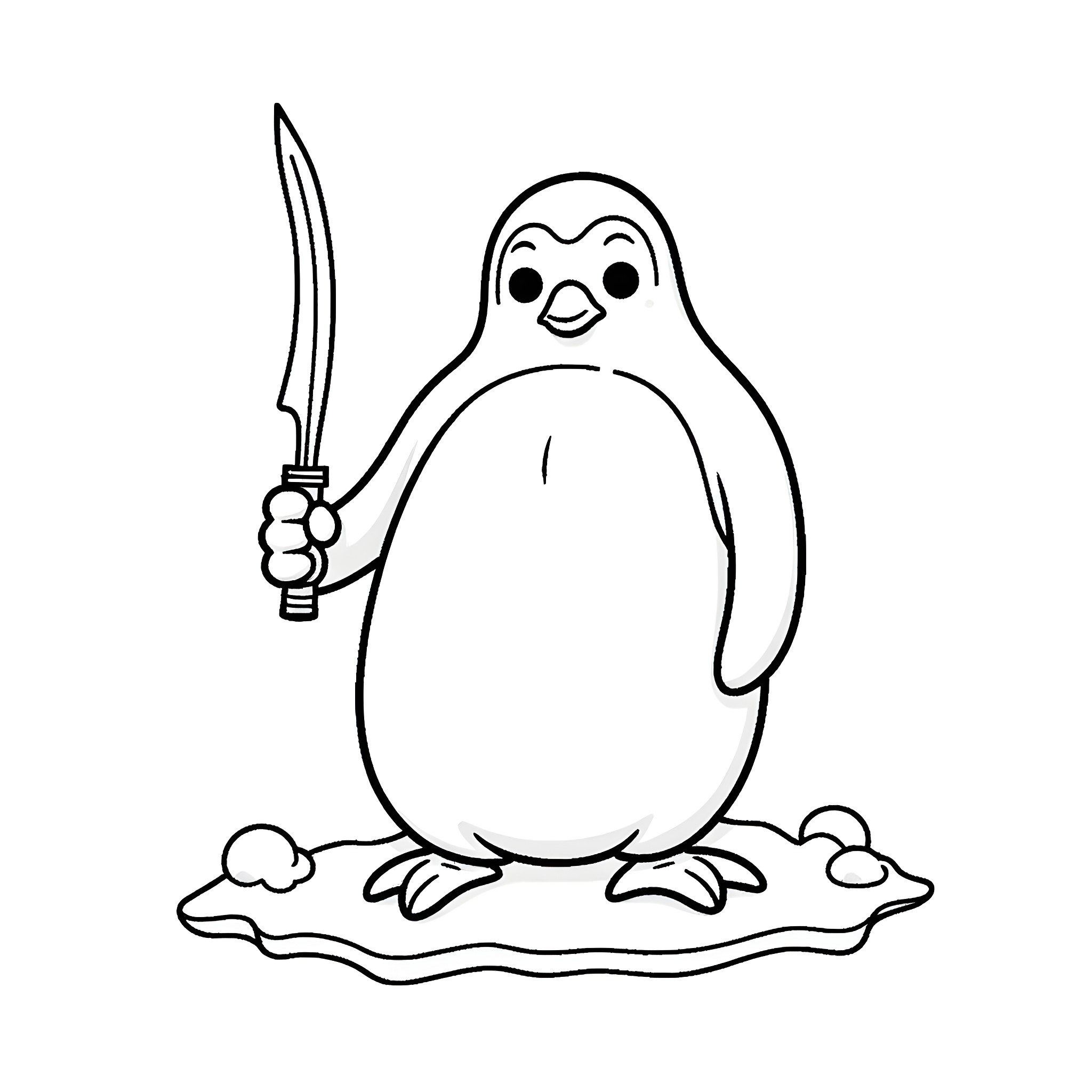 Penguin wielding a sword on ice Coloring Page (free black-and-white line drawing printable PDF for all, from beginners to advanced learners, including children, teens, adults, and seniors)