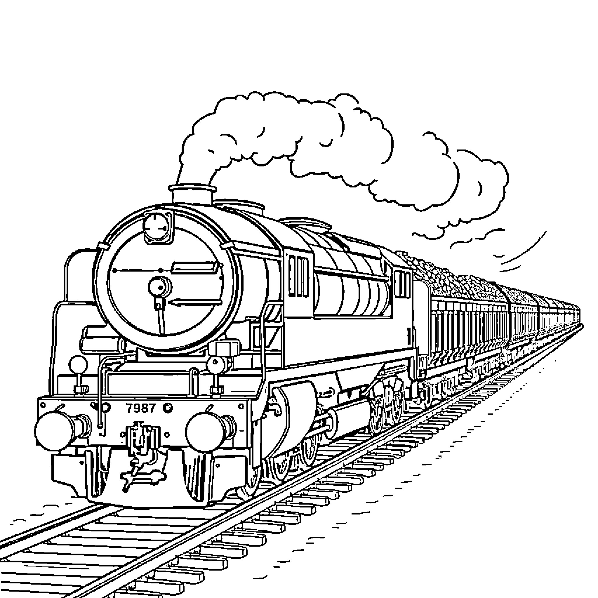 Locomotive with Trailing Passenger Cars Traversing Railway Coloring Page (free black-and-white line drawing printable PDF for all, from beginners to advanced learners, including children, teens, adults, and seniors)