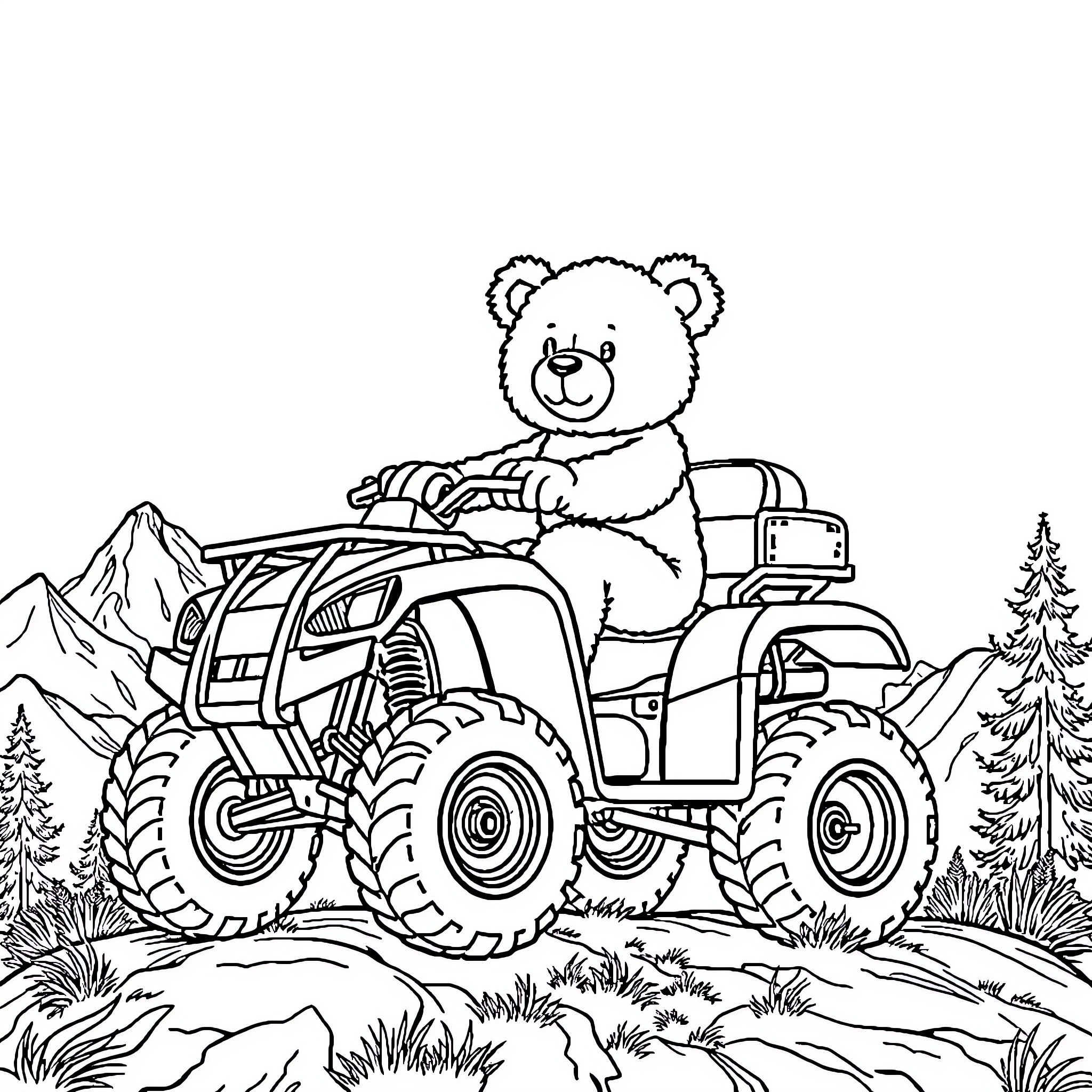 Teddy Bear riding on a rugged all-terrain vehicle Coloring Page (free black-and-white line drawing printable PDF for all, from beginners to advanced learners, including children, teens, adults, and seniors)