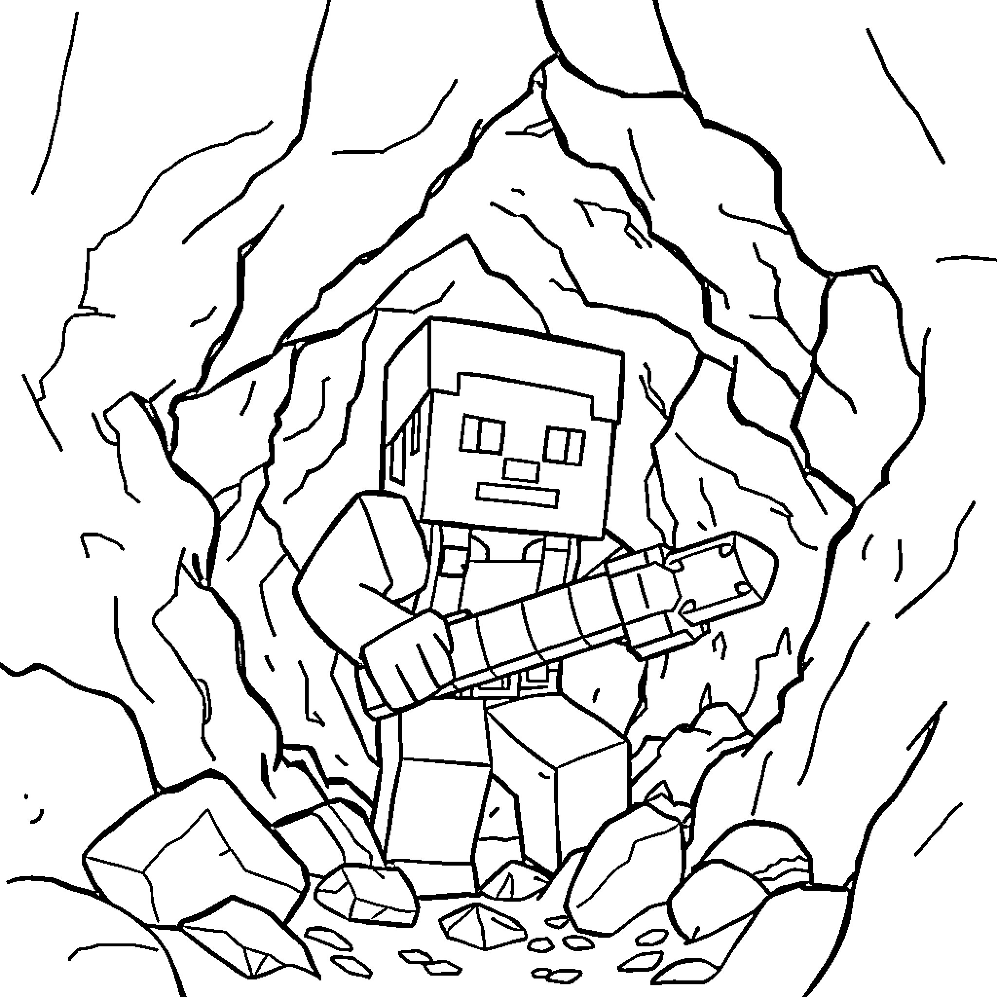 Steve exploring a dark, rocky cave with a pickaxe Coloring Page (free black-and-white line drawing printable PDF for all, from beginners to advanced learners, including children, teens, adults, and seniors)