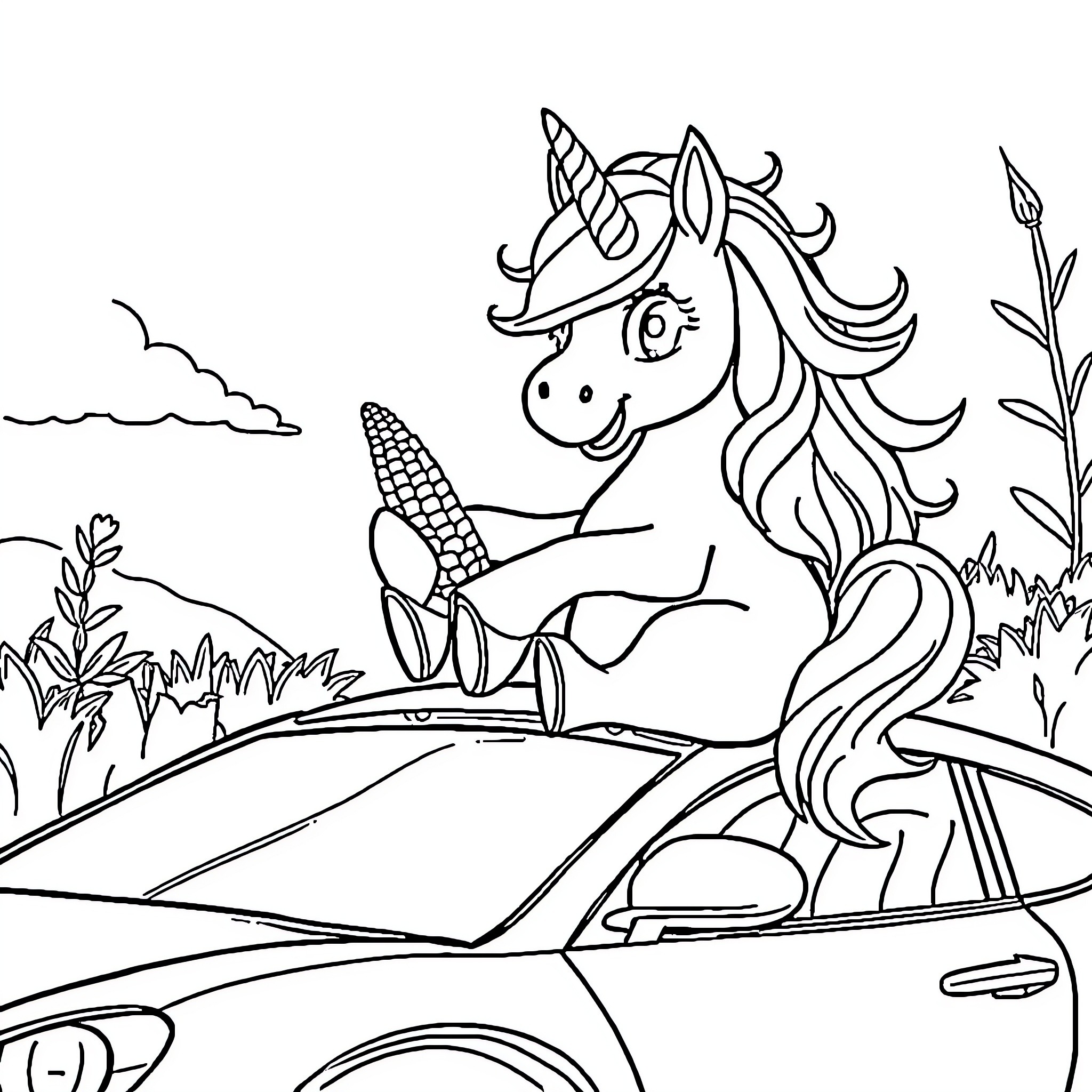 Unicorn riding a car through a fantastical landscape Coloring Page (free black-and-white line drawing printable PDF for all, from beginners to advanced learners, including children, teens, adults, and seniors)