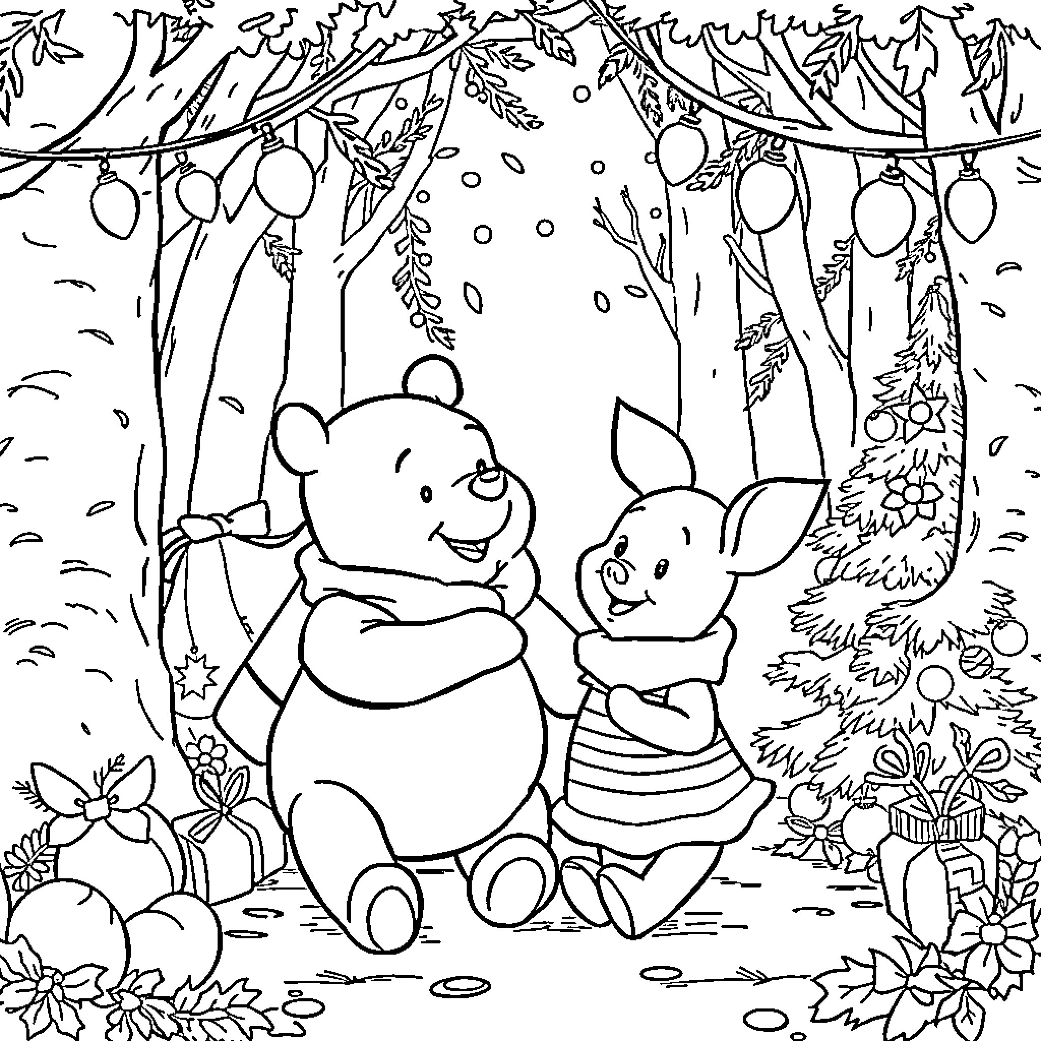 Winnie The Pooh and Rabbit Enjoying Nature Coloring Page (free black-and-white line drawing printable PDF for all, from beginners to advanced learners, including children, teens, adults, and seniors)