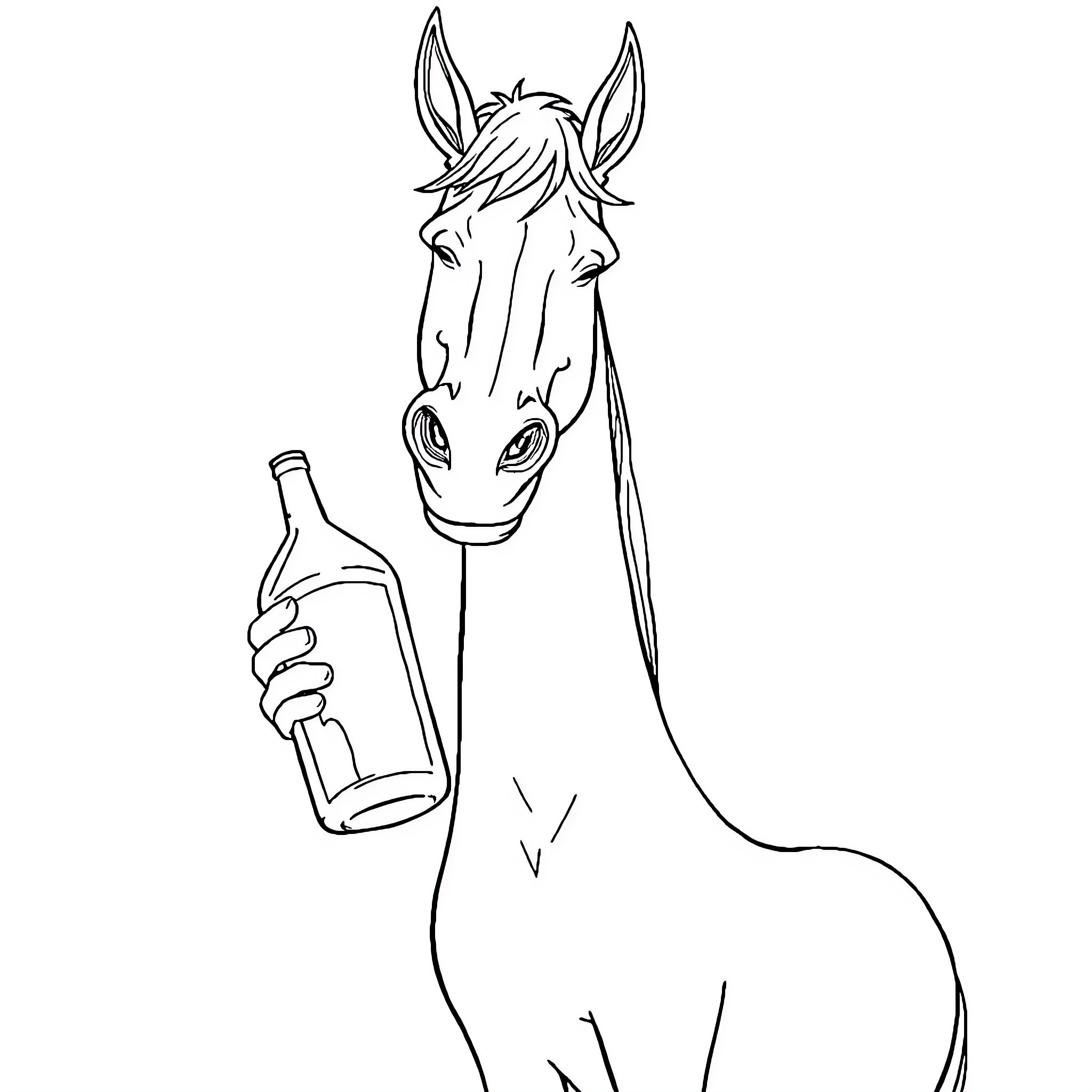 Bojack Horseman drinking alcohol in black and white Coloring Page (free black-and-white line drawing printable PDF for all, from beginners to advanced learners, including children, teens, adults, and seniors)
