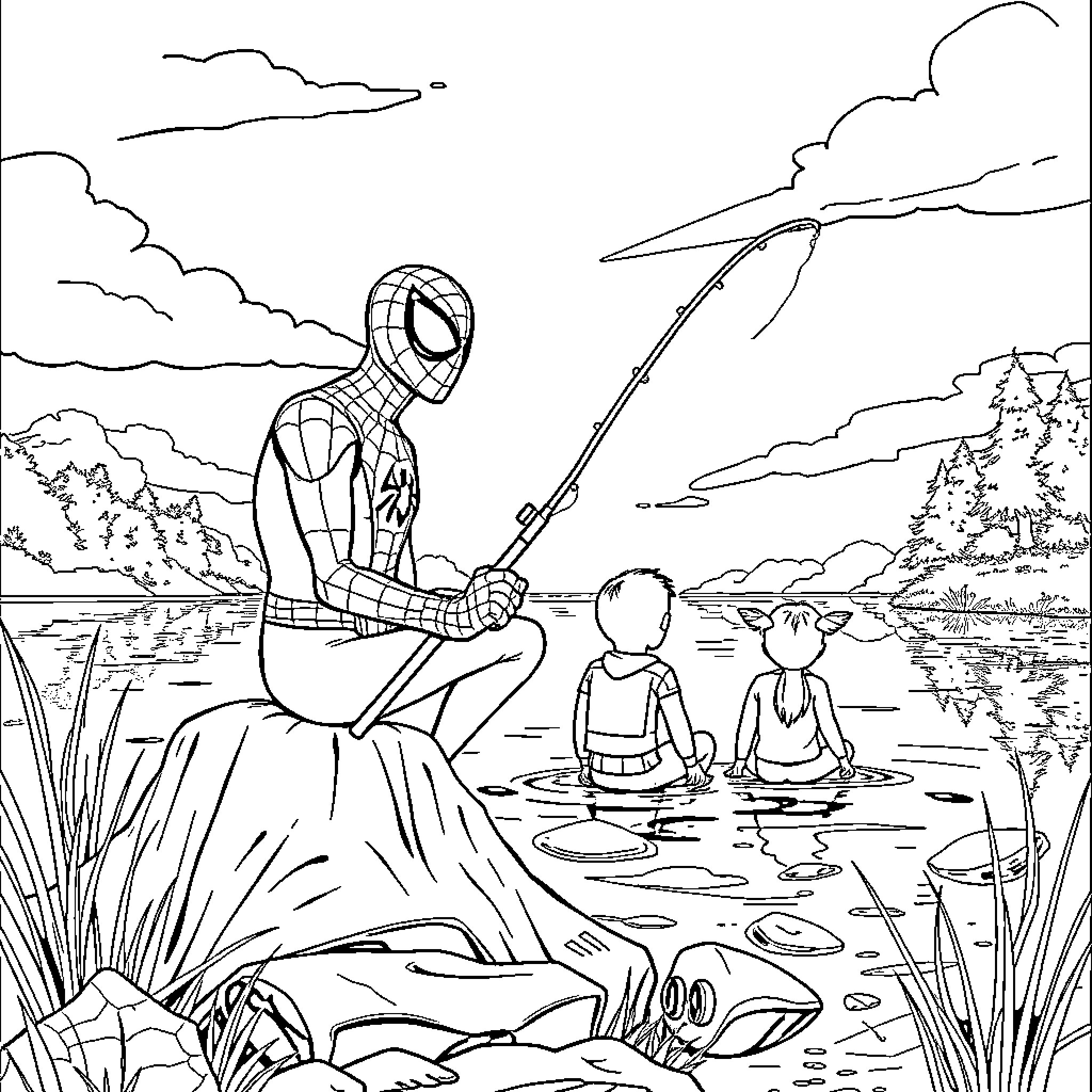 Spiderman fishing by a calm lake with children Coloring Page (free black-and-white line drawing printable PDF for all, from beginners to advanced learners, including children, teens, adults, and seniors)