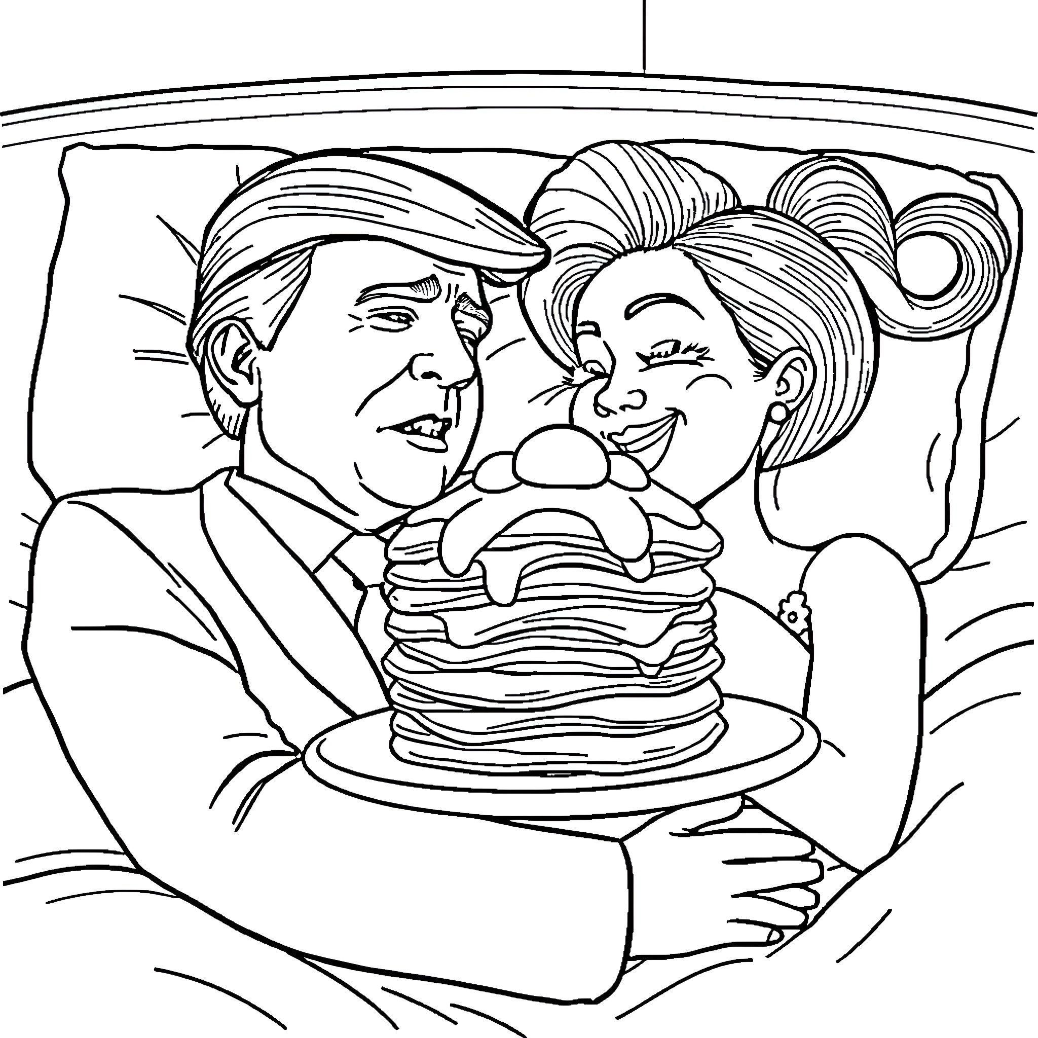 Michelle Obama and Donald Trump Sharing a Meal Coloring Page (free black-and-white line drawing printable PDF for all, from beginners to advanced learners, including children, teens, adults, and seniors)