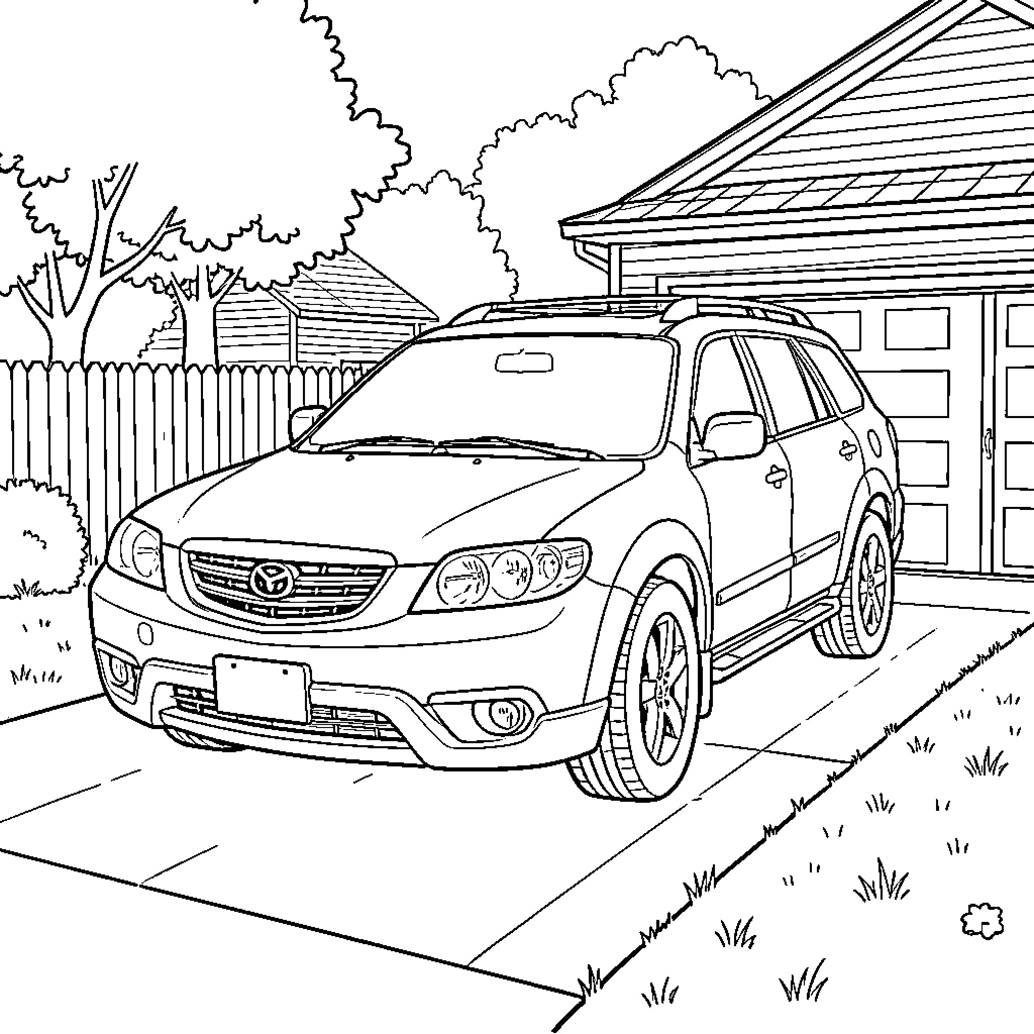 Mazda CX9 parked in a driveway near a house Coloring Page (free black-and-white line drawing printable PDF for all, from beginners to advanced learners, including children, teens, adults, and seniors)
