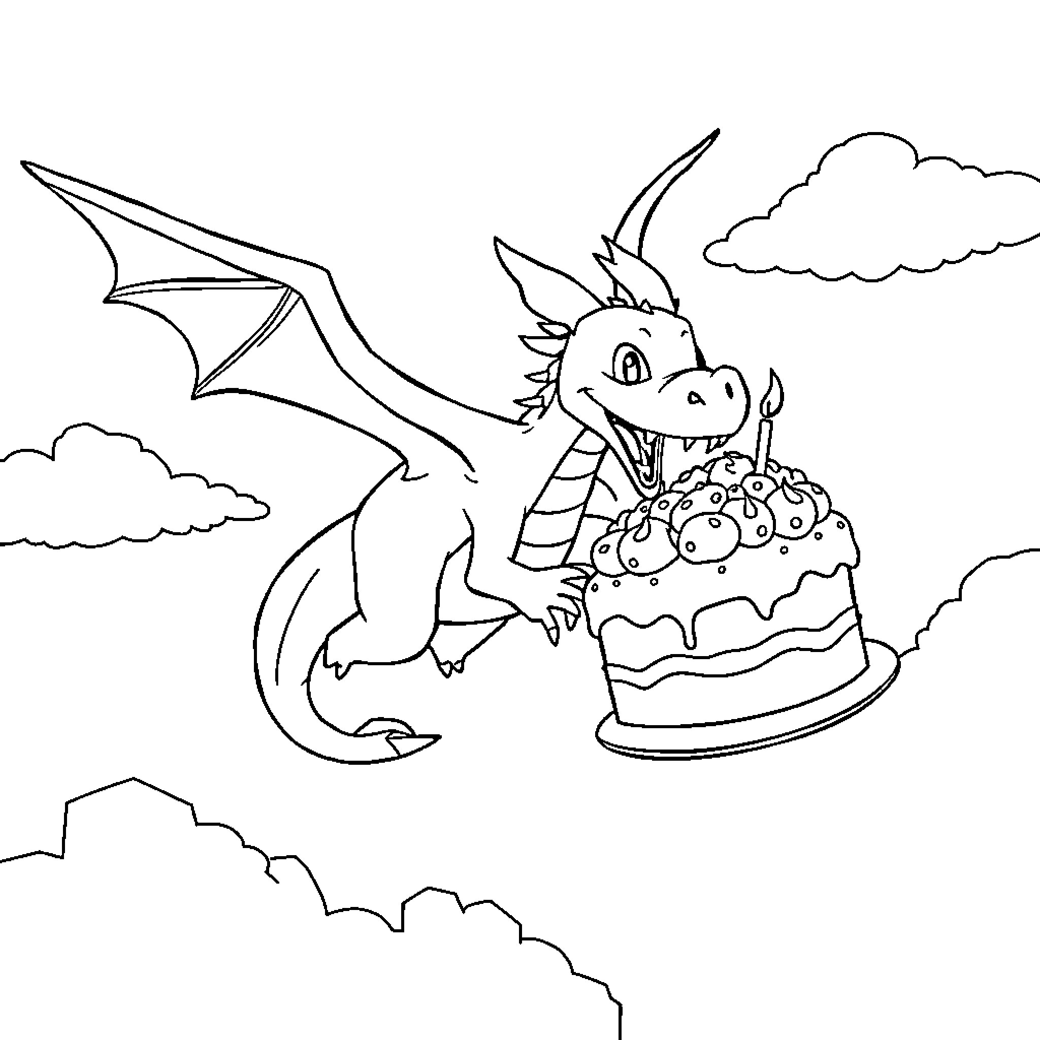 Dragon celebrating with a birthday cake in the sky Coloring Page (free black-and-white line drawing printable PDF for all, from beginners to advanced learners, including children, teens, adults, and seniors)