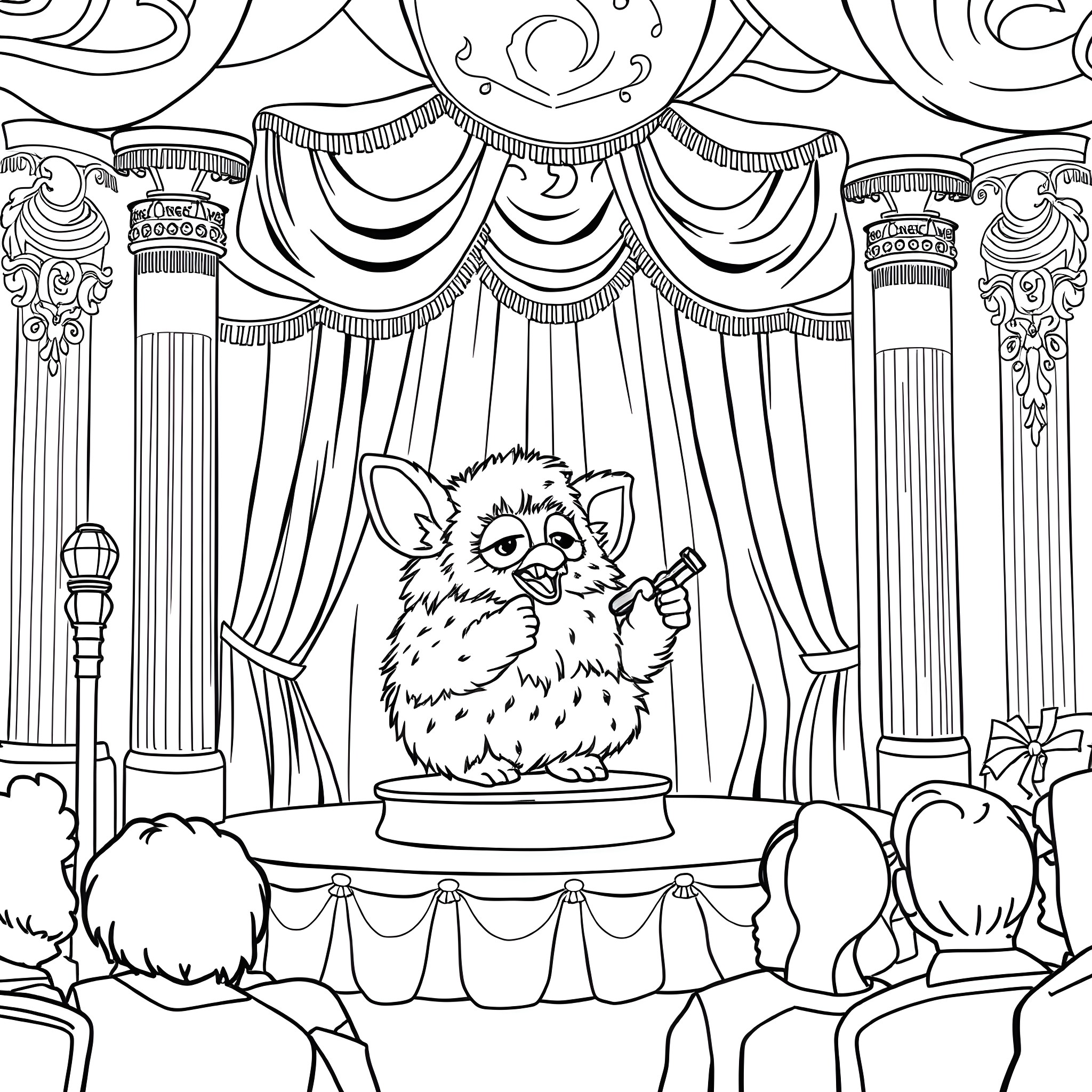 Furby performing on a theatrical stage Coloring Page (free black-and-white line drawing printable PDF for all, from beginners to advanced learners, including children, teens, adults, and seniors)