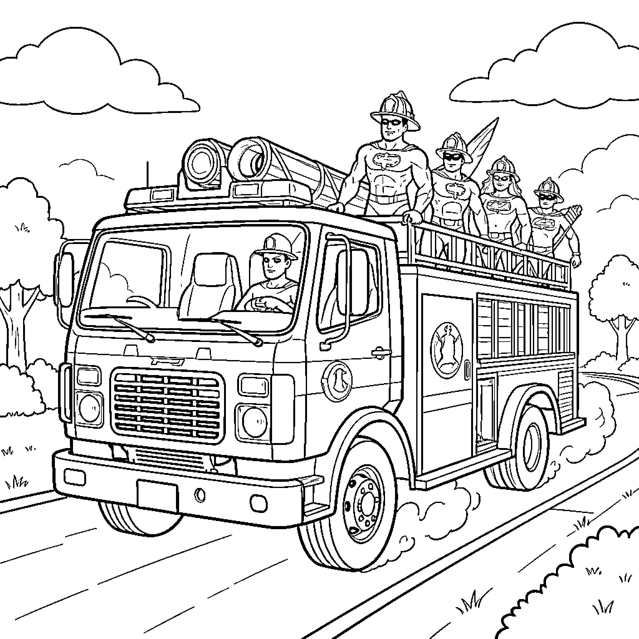 Fire Truck carrying brave superhero firefighters on a mission Coloring Page (free black-and-white line drawing printable PDF for all, from beginners to advanced learners, including children, teens, adults, and seniors)