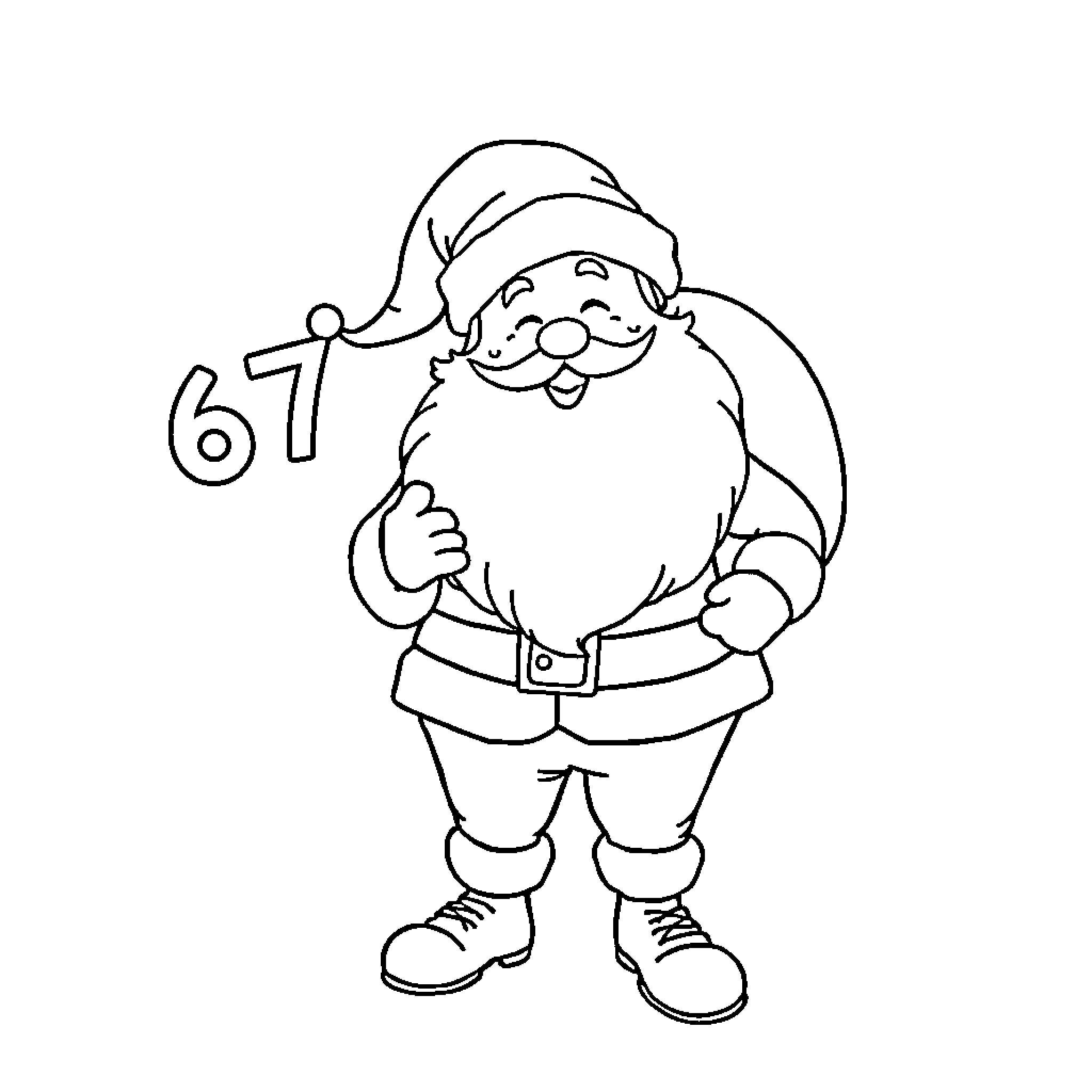 Santa holding number 67 in hand Coloring Page (free black-and-white line drawing printable PDF for all, from beginners to advanced learners, including children, teens, adults, and seniors)
