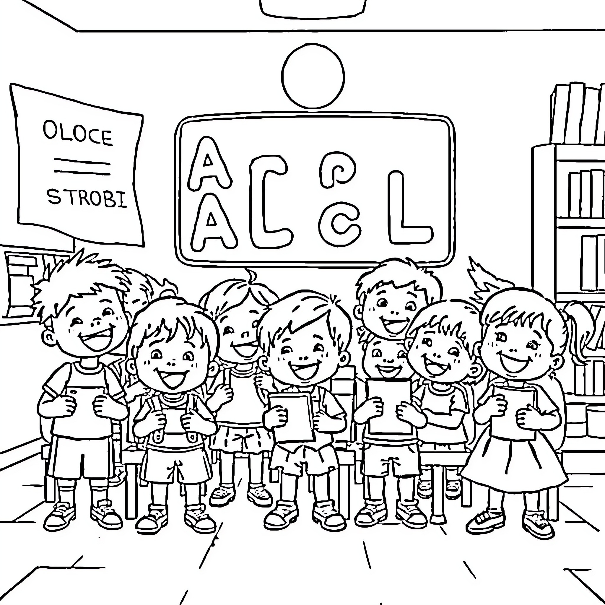 Alphabet Classroom with Smiling Children Coloring Page (free black-and-white line drawing printable PDF for all, from beginners to advanced learners, including children, teens, adults, and seniors)