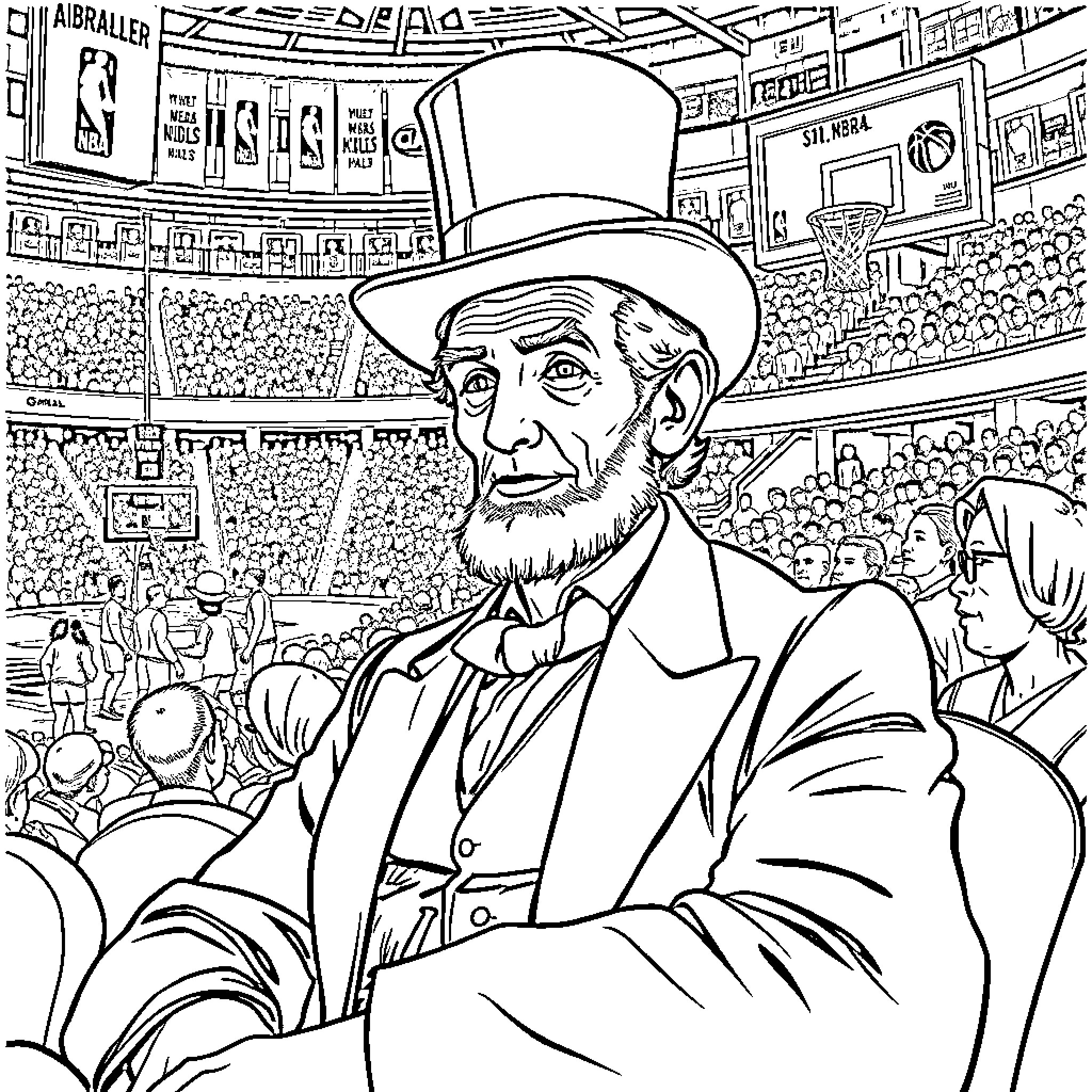 Abraham Lincoln at a Lively Sports Event Coloring Page (free black-and-white line drawing printable PDF for all, from beginners to advanced learners, including children, teens, adults, and seniors)