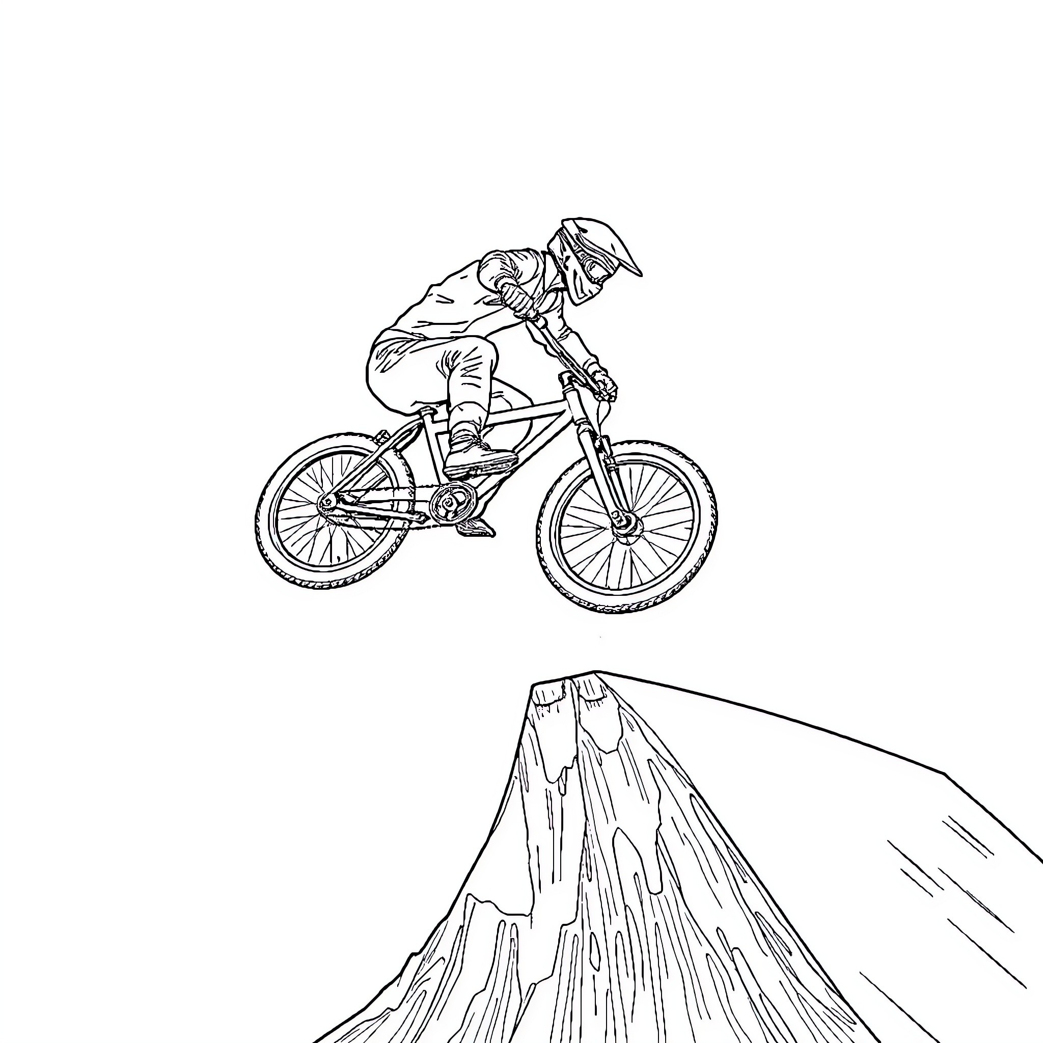 BMX Biker Performing Stunts on Rugged Terrain Coloring Page (free black-and-white line drawing printable PDF for all, from beginners to advanced learners, including children, teens, adults, and seniors)