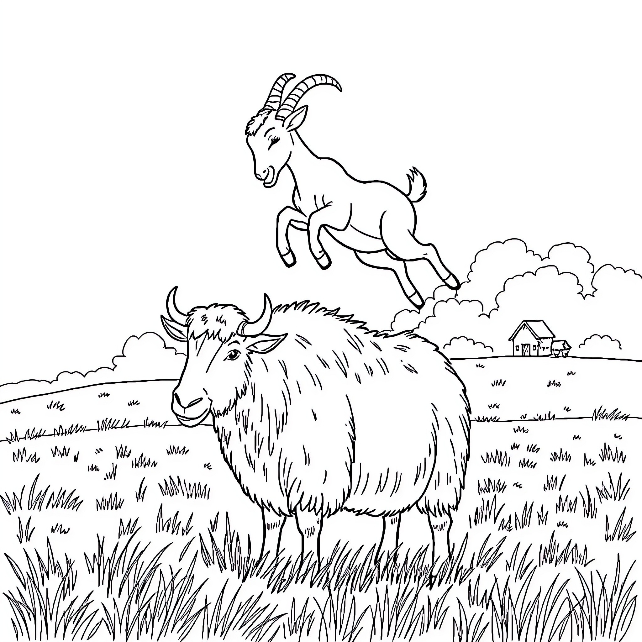 Goat prancing playfully in a rural landscape Coloring Page (free black-and-white line drawing printable PDF for all, from beginners to advanced learners, including children, teens, adults, and seniors)