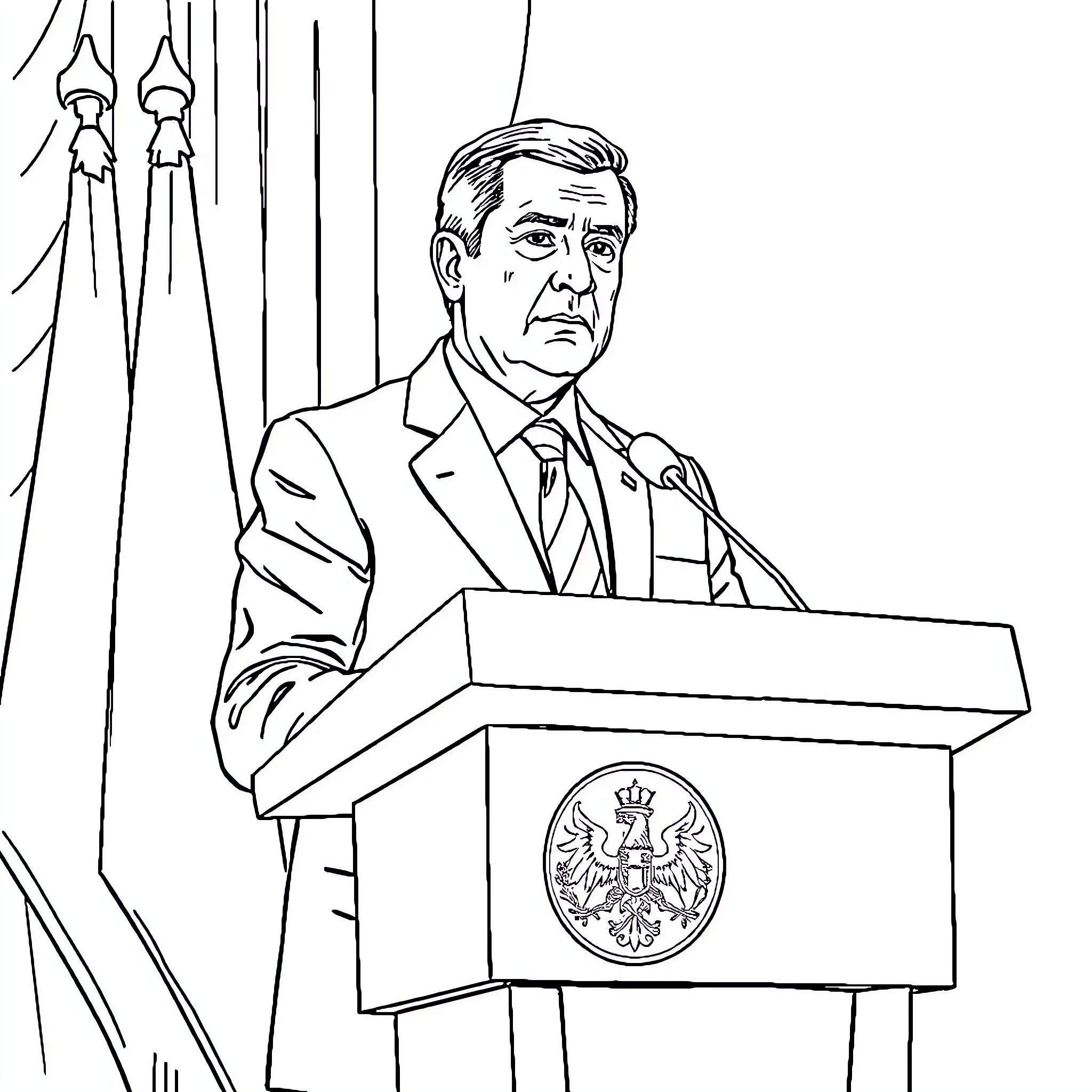 President Delivering Address at Podium Coloring Page (free black-and-white line drawing printable PDF for all, from beginners to advanced learners, including children, teens, adults, and seniors)