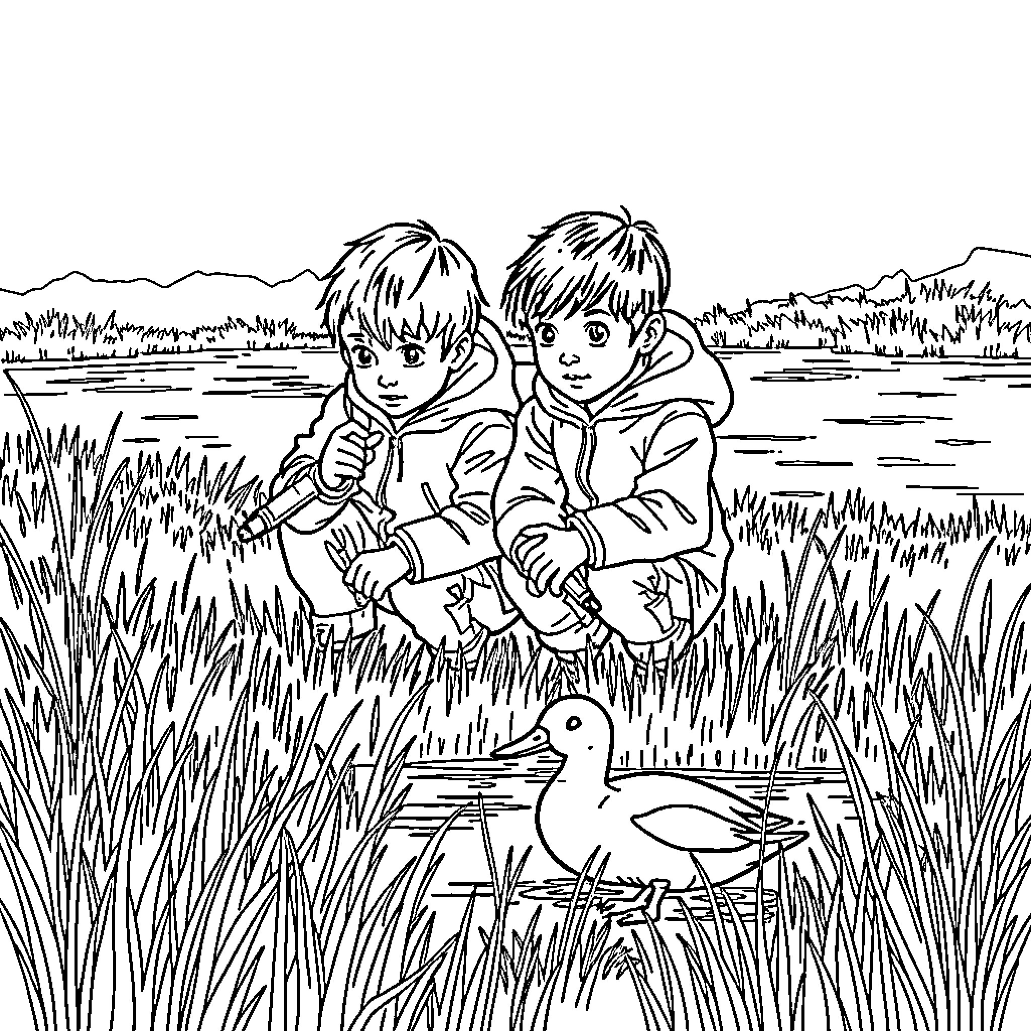 Boy playing in the field with duck Coloring Page (free black-and-white line drawing printable PDF for all, from beginners to advanced learners, including children, teens, adults, and seniors)