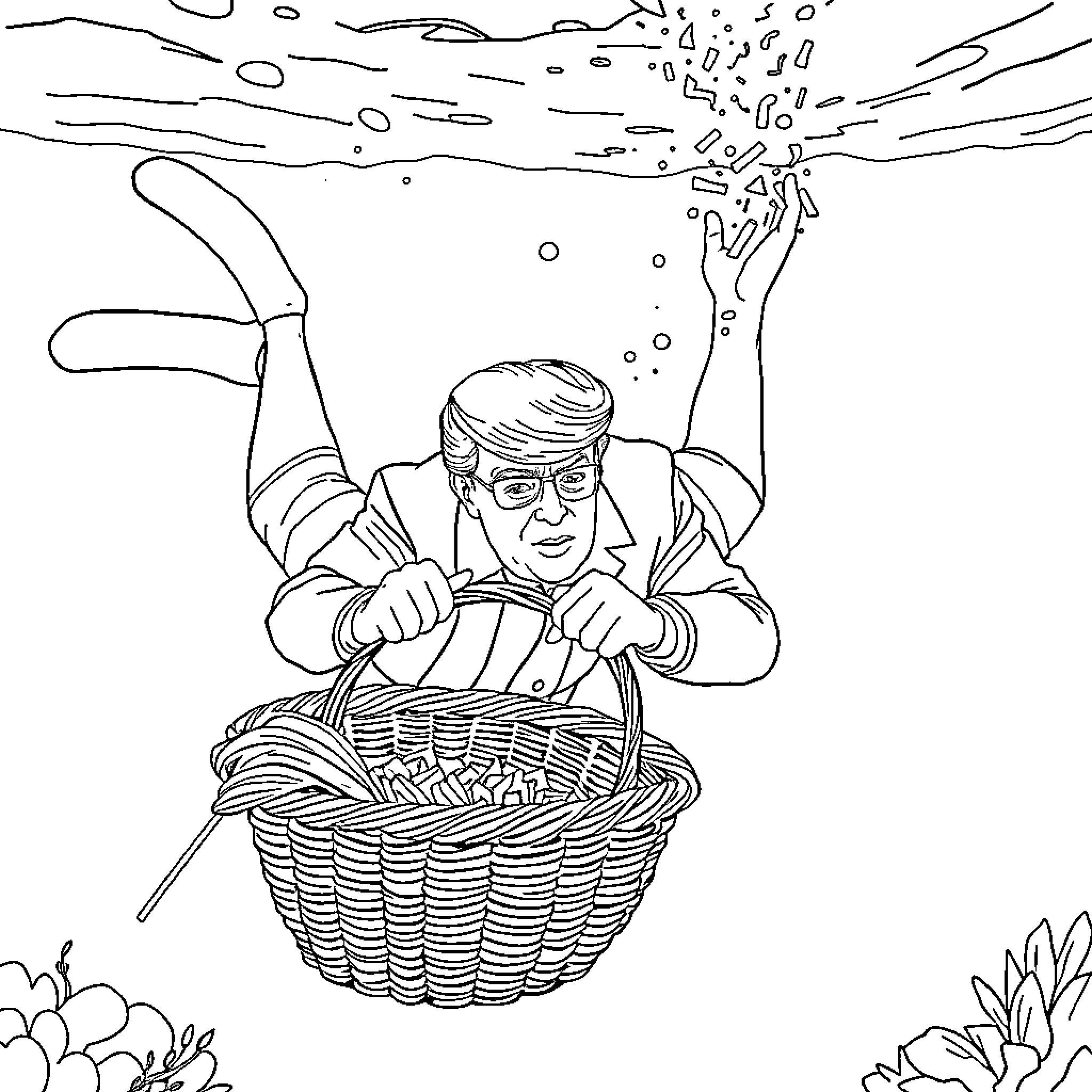 Donald Trump Floating Away in a Basket Coloring Page (free black-and-white line drawing printable PDF for all, from beginners to advanced learners, including children, teens, adults, and seniors)