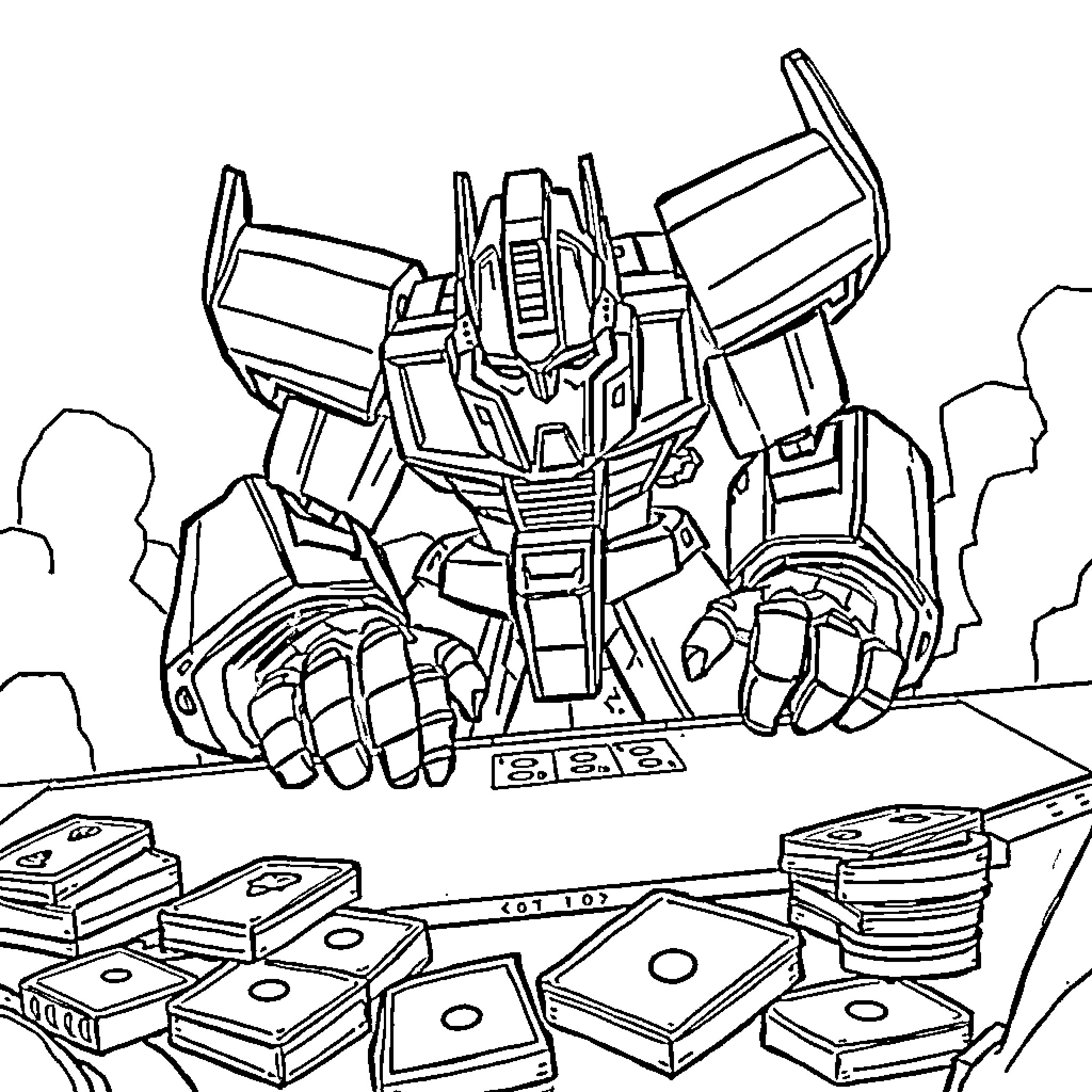Transformer robot engaging with various objects Coloring Page (free black-and-white line drawing printable PDF for all, from beginners to advanced learners, including children, teens, adults, and seniors)