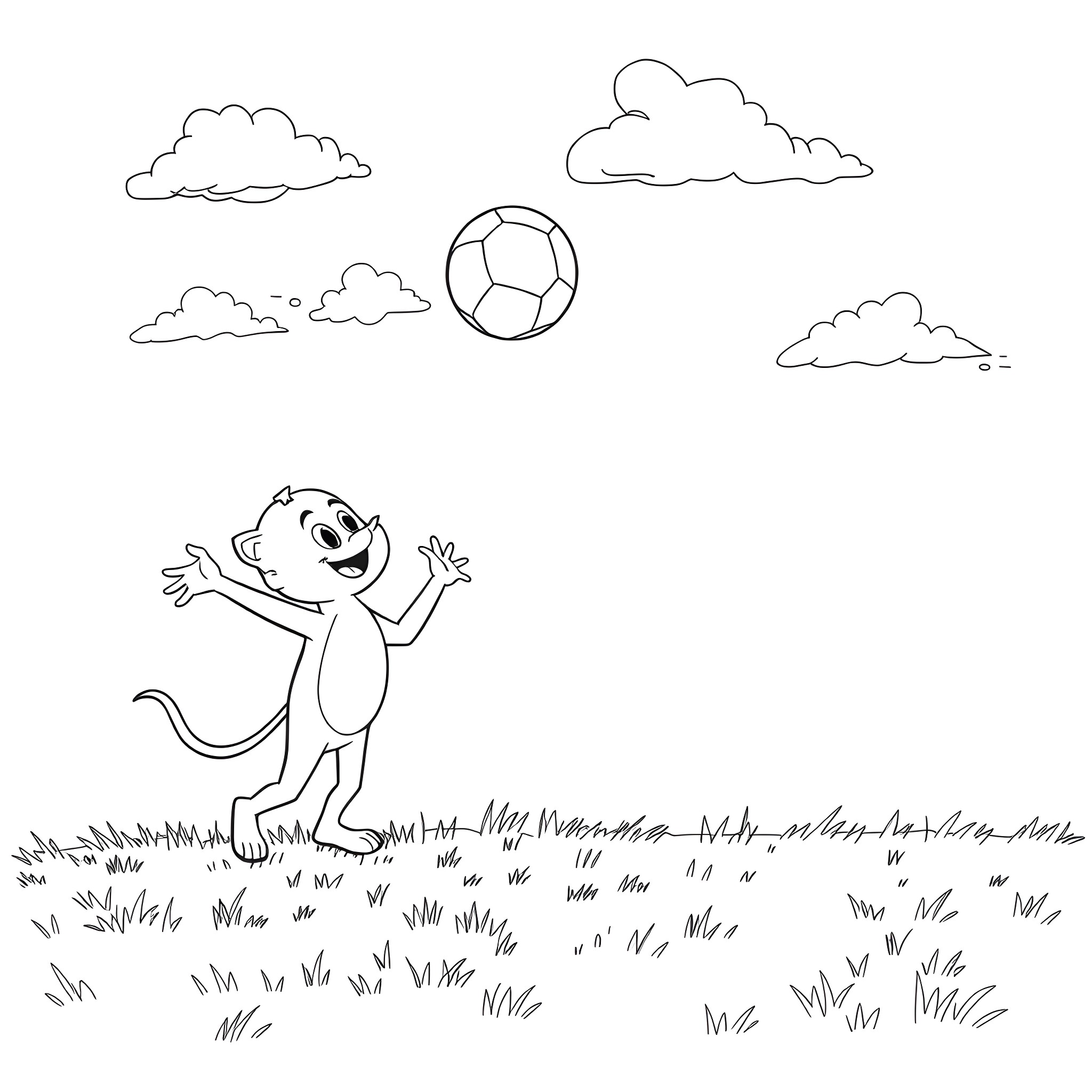 Bluey playing with a soccer ball in the park Coloring Page (free black-and-white line drawing printable PDF for all, from beginners to advanced learners, including children, teens, adults, and seniors)