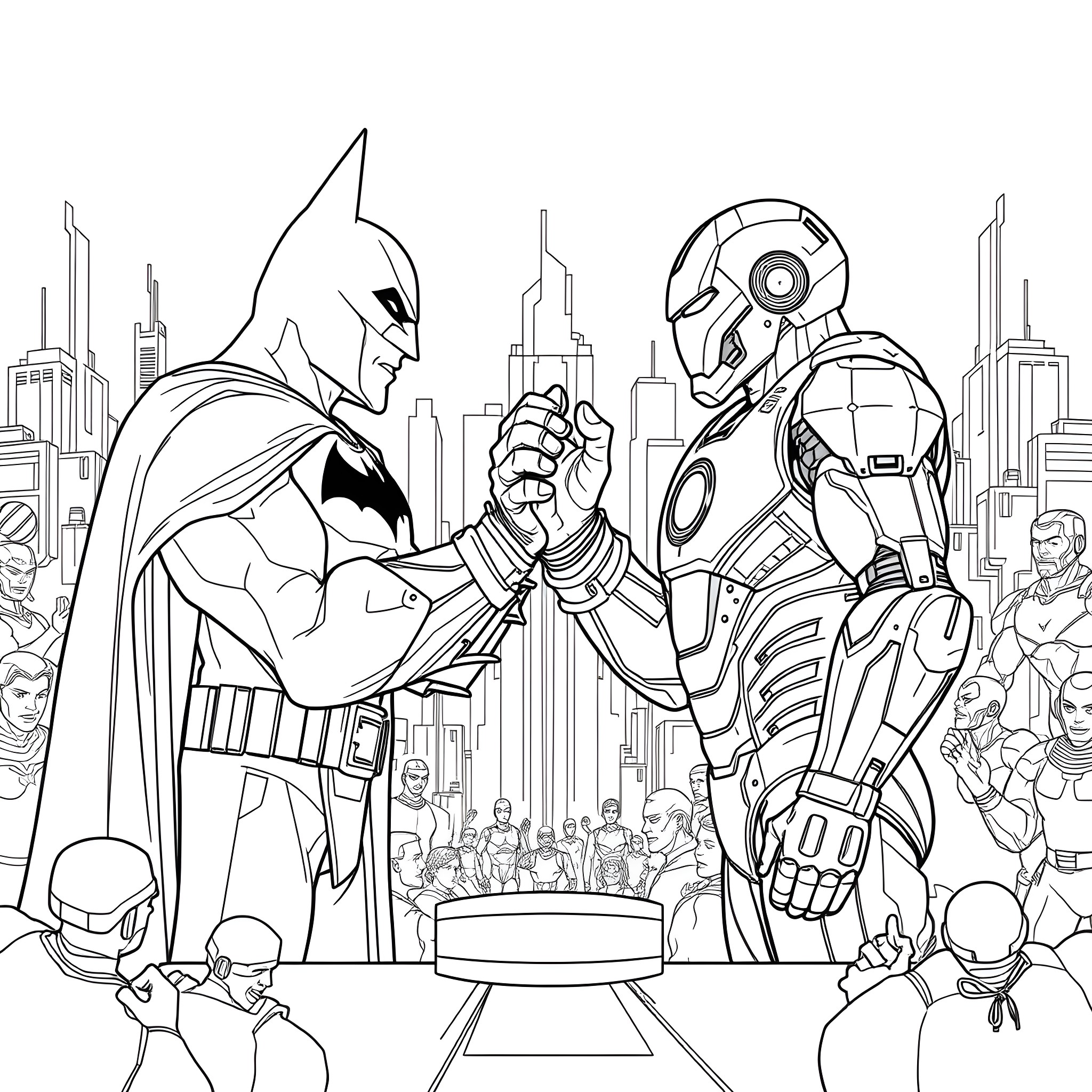 Batman and a Futuristic Superhero Shaking Hands in the City Coloring Page (free black-and-white line drawing printable PDF for all, from beginners to advanced learners, including children, teens, adults, and seniors)