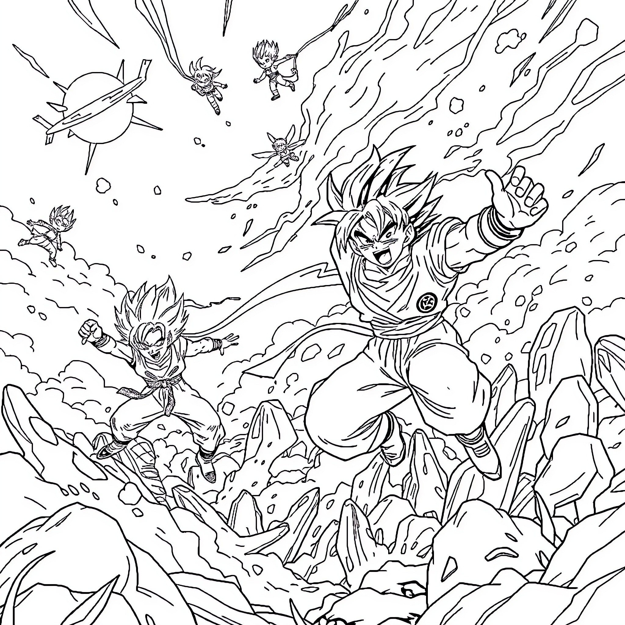Dragon Ball: Intense Battle with Powerful Energy Bursts Coloring Page (free black-and-white line drawing printable PDF for all, from beginners to advanced learners, including children, teens, adults, and seniors)