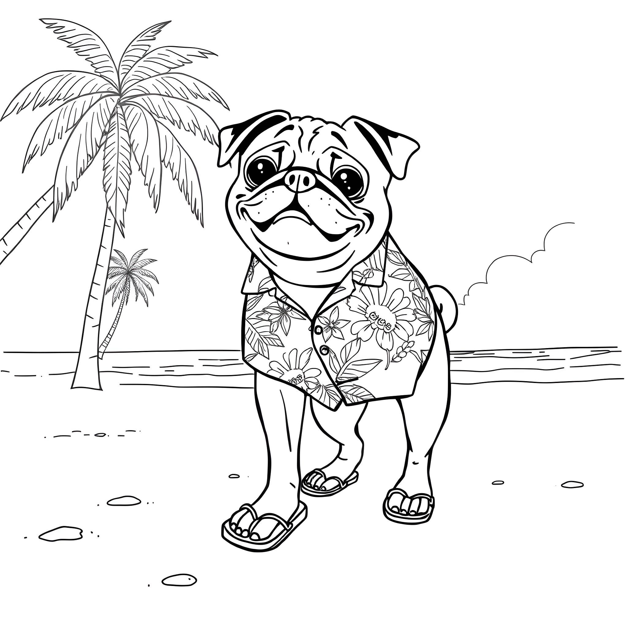 Pug in Tropical Vacation Outfit Coloring Page (free black-and-white line drawing printable PDF for all, from beginners to advanced learners, including children, teens, adults, and seniors)