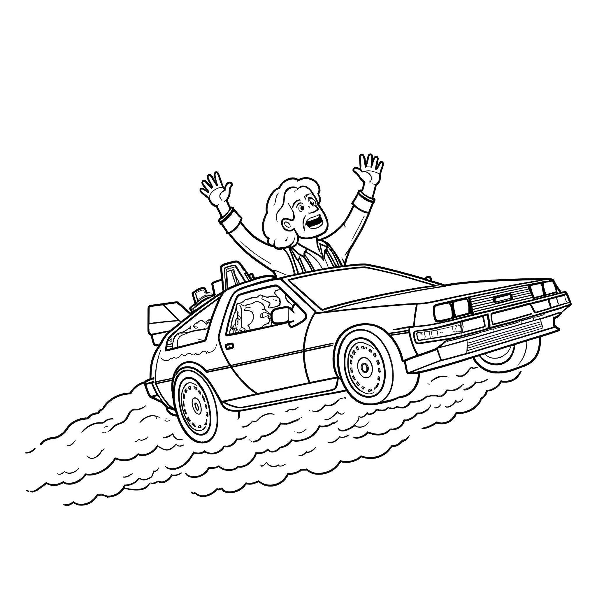 DeLorean time machine in action with excited driver Coloring Page (free black-and-white line drawing printable PDF for all, from beginners to advanced learners, including children, teens, adults, and seniors)
