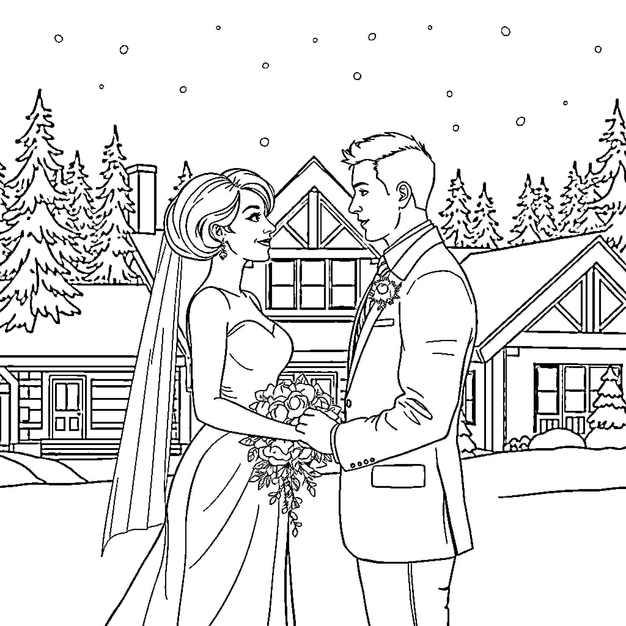 Couple embracing in winter wedding scene Coloring Page (free black-and-white line drawing printable PDF for all, from beginners to advanced learners, including children, teens, adults, and seniors)