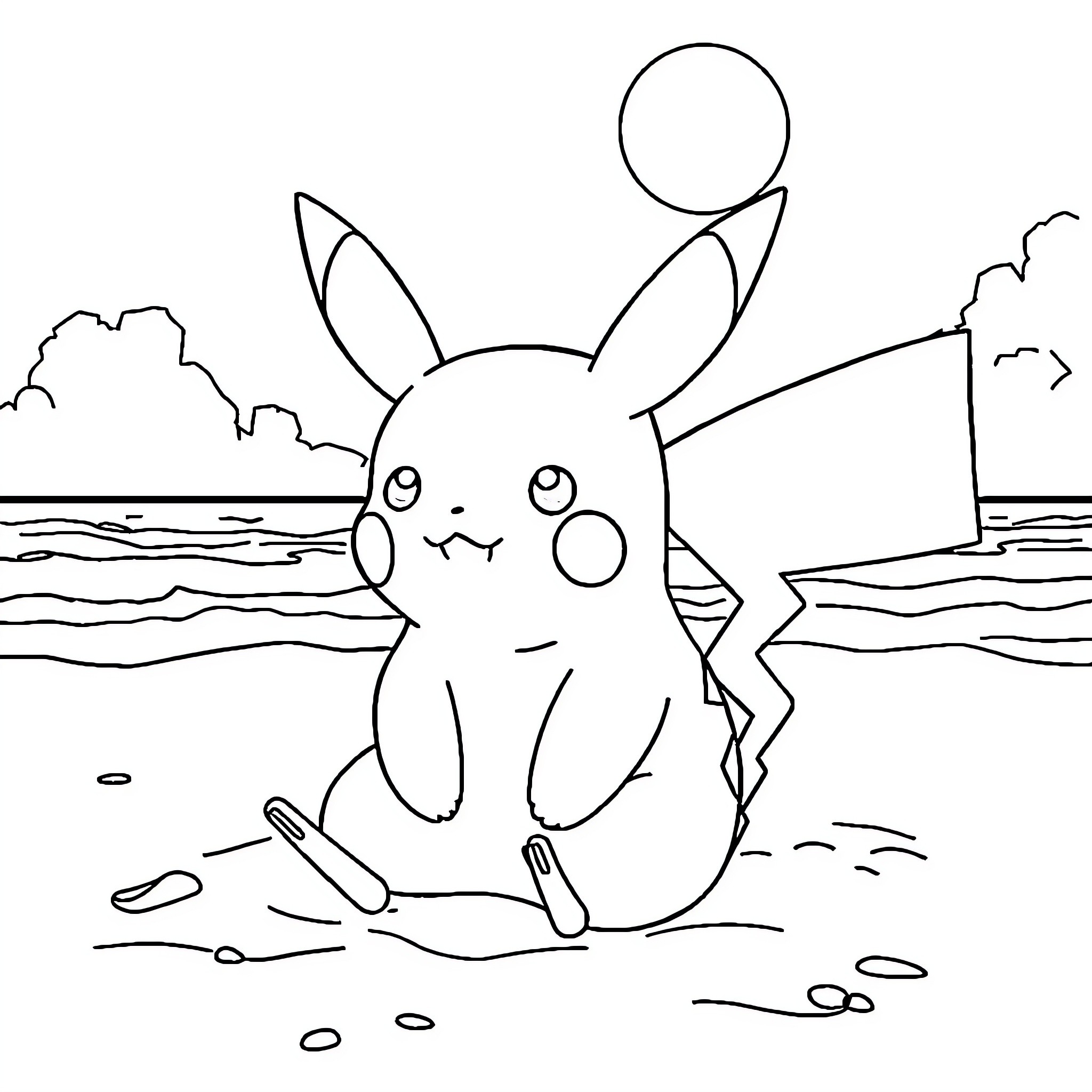Pikachu enjoying a seaside adventure Coloring Page (free black-and-white line drawing printable PDF for all, from beginners to advanced learners, including children, teens, adults, and seniors)