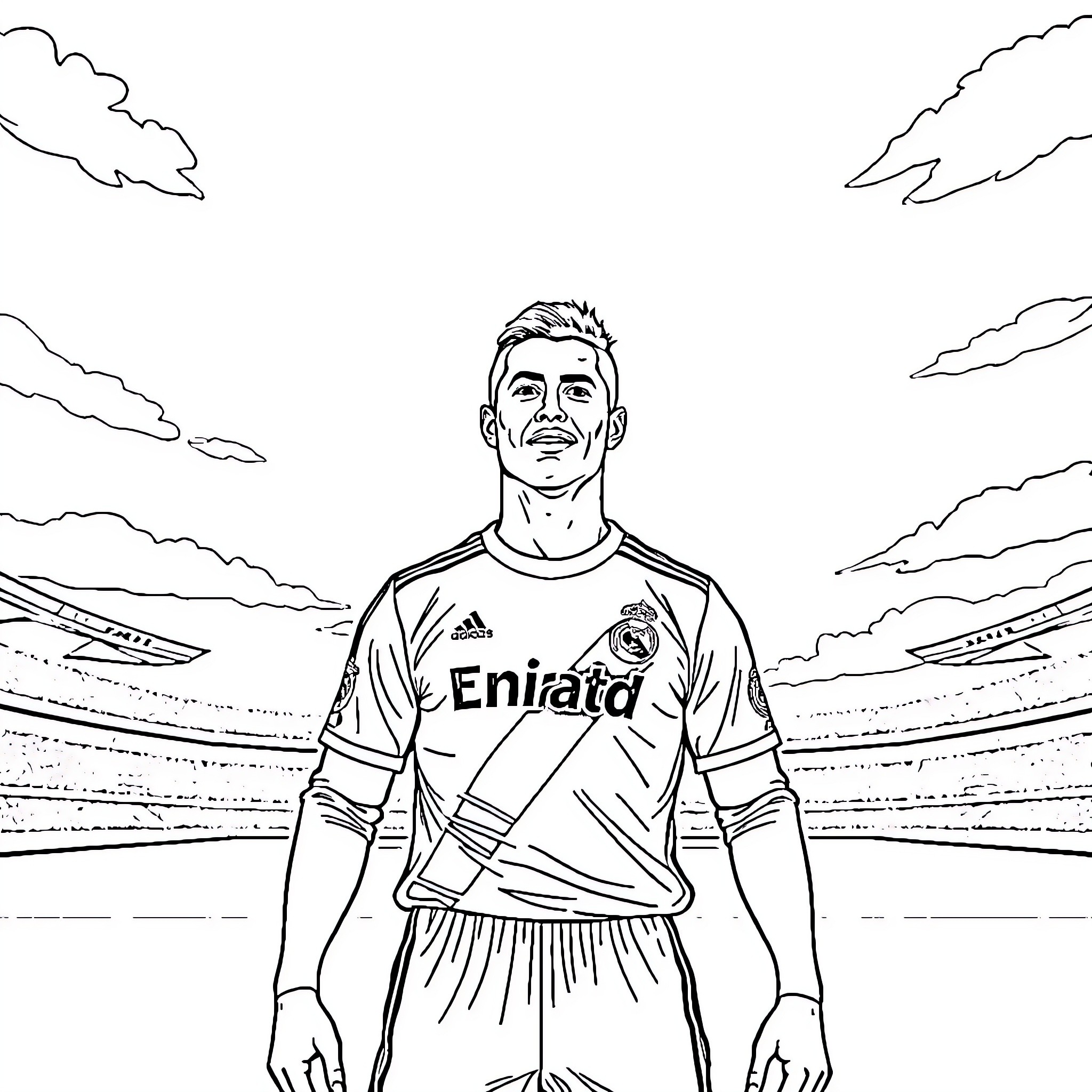 Cristiano Ronaldo posing confidently on the soccer field Coloring Page (free black-and-white line drawing printable PDF for all, from beginners to advanced learners, including children, teens, adults, and seniors)