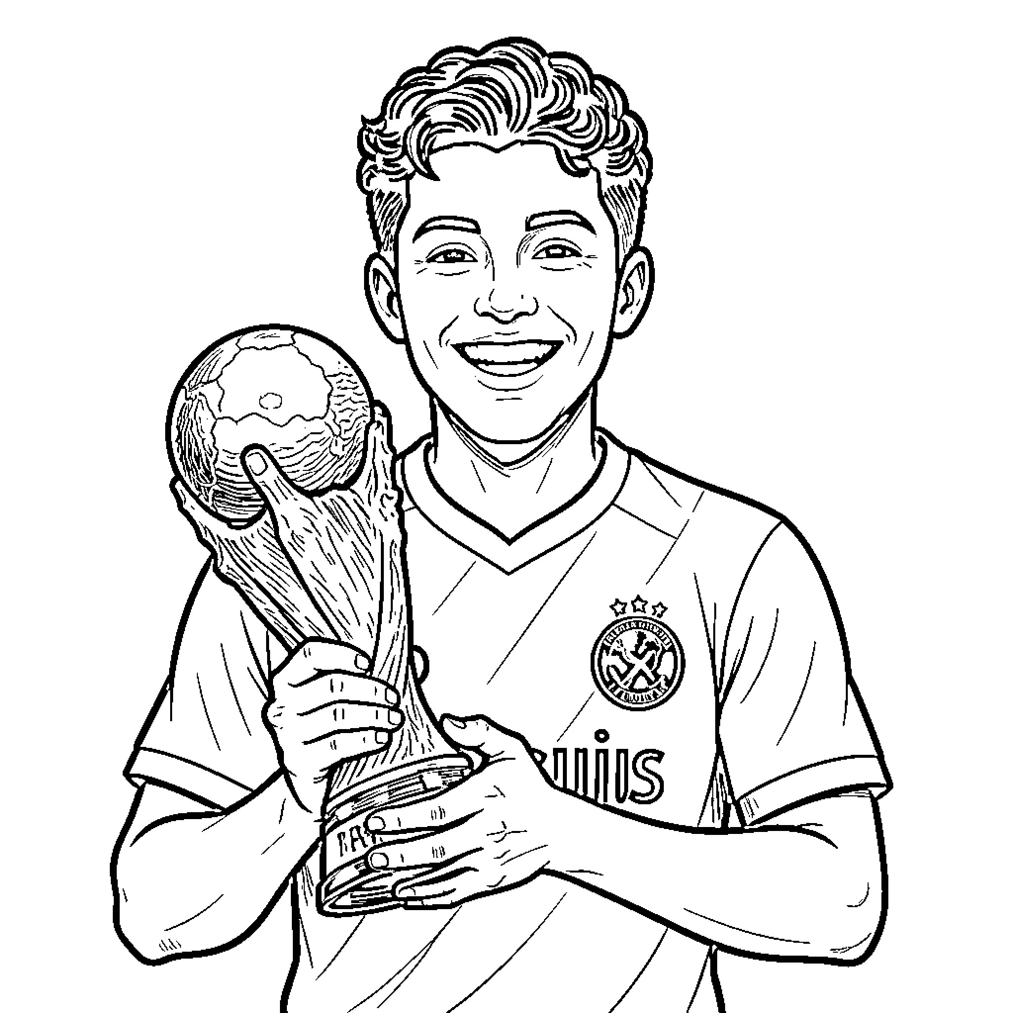 Vinicius Jr smiling while holding a trophy Coloring Page (free black-and-white line drawing printable PDF for all, from beginners to advanced learners, including children, teens, adults, and seniors)