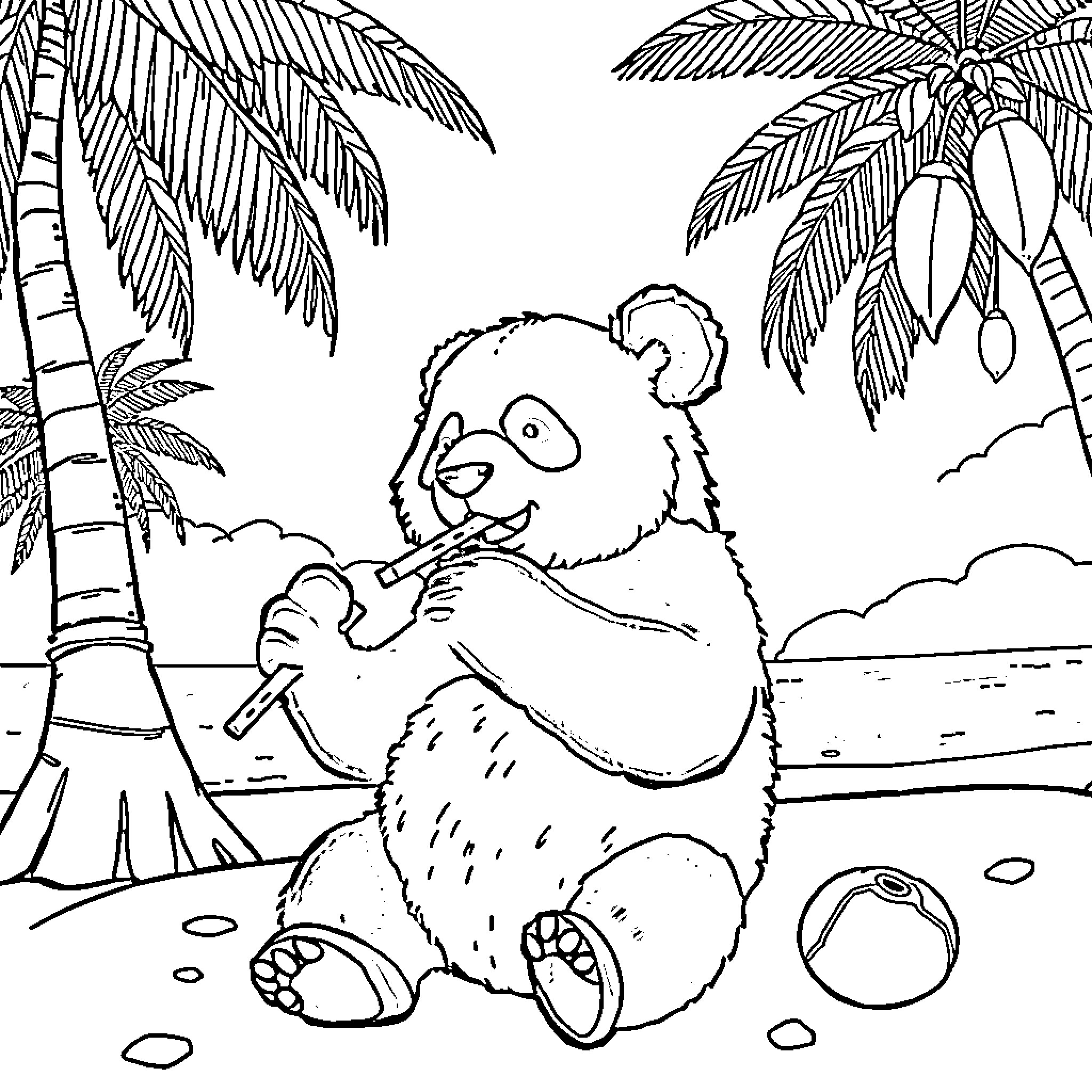 Panda resting on tropical beach Coloring Page (free black-and-white line drawing printable PDF for all, from beginners to advanced learners, including children, teens, adults, and seniors)