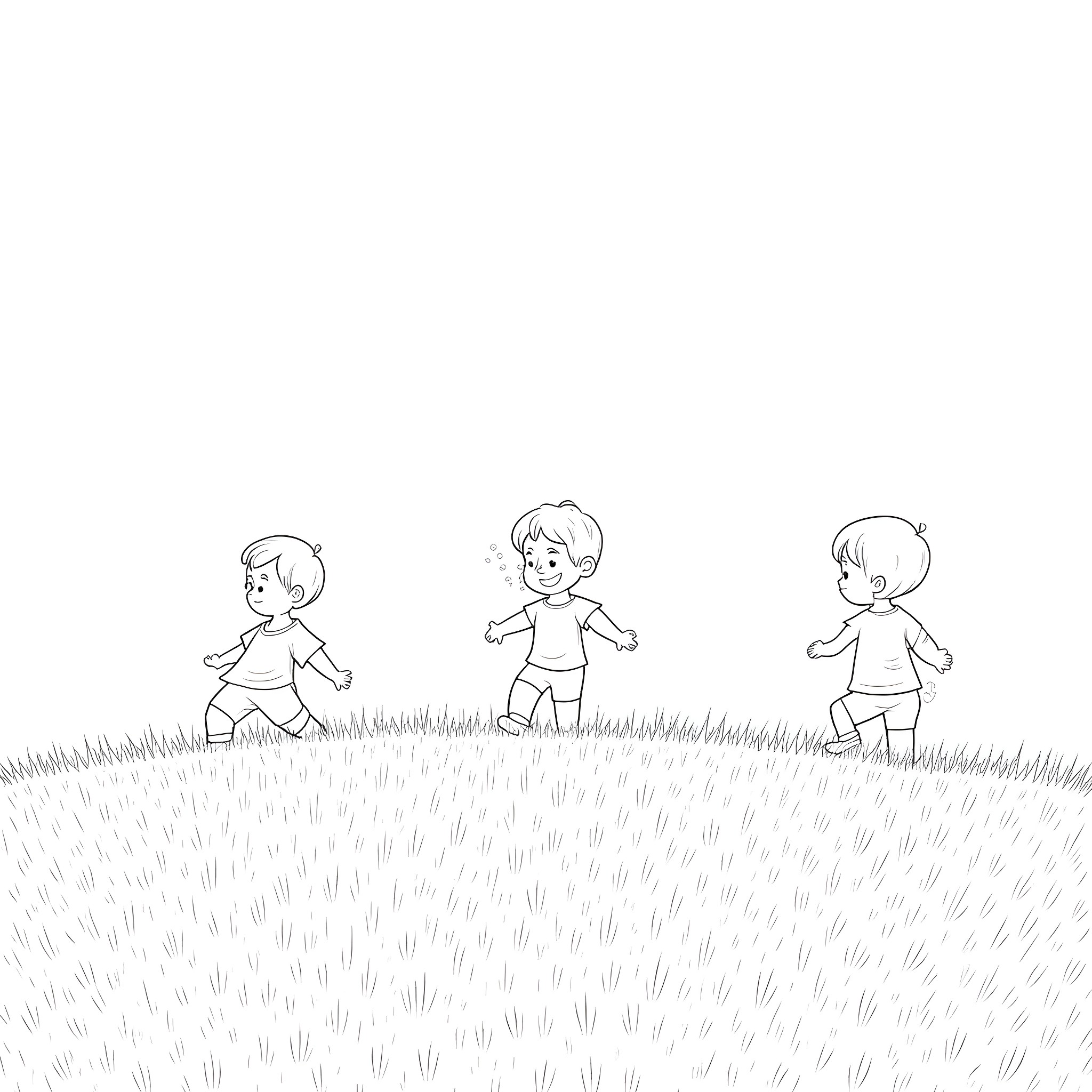 Kids playing happily in the field Coloring Page (free black-and-white line drawing printable PDF for all, from beginners to advanced learners, including children, teens, adults, and seniors)
