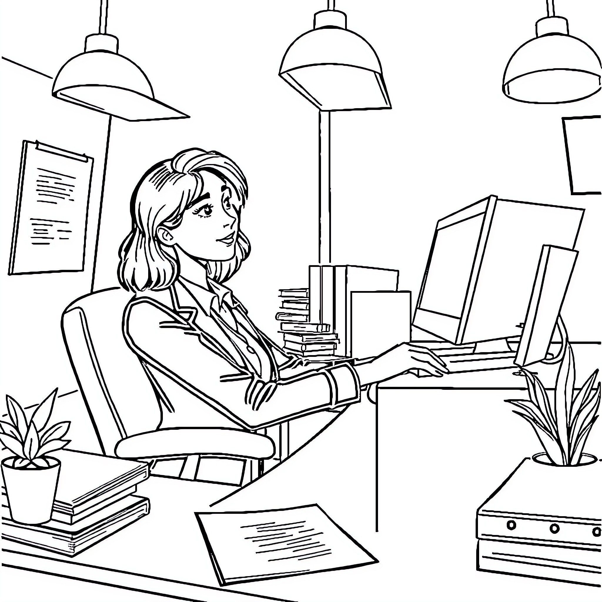 Clerk working diligently at her desk Coloring Page (free black-and-white line drawing printable PDF for all, from beginners to advanced learners, including children, teens, adults, and seniors)