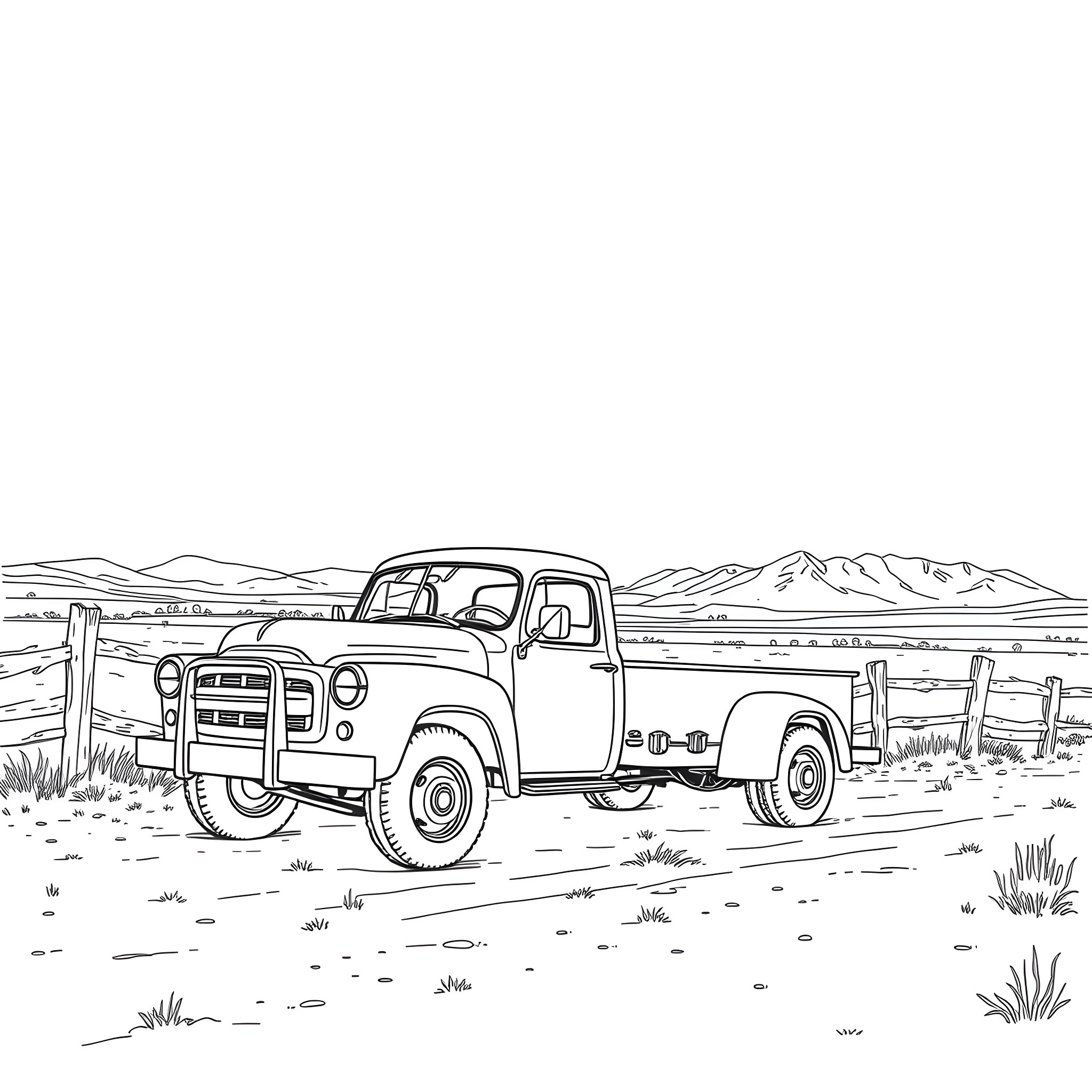 Truck in scenic rural landscape Coloring Page (free black-and-white line drawing printable PDF for all, from beginners to advanced learners, including children, teens, adults, and seniors)