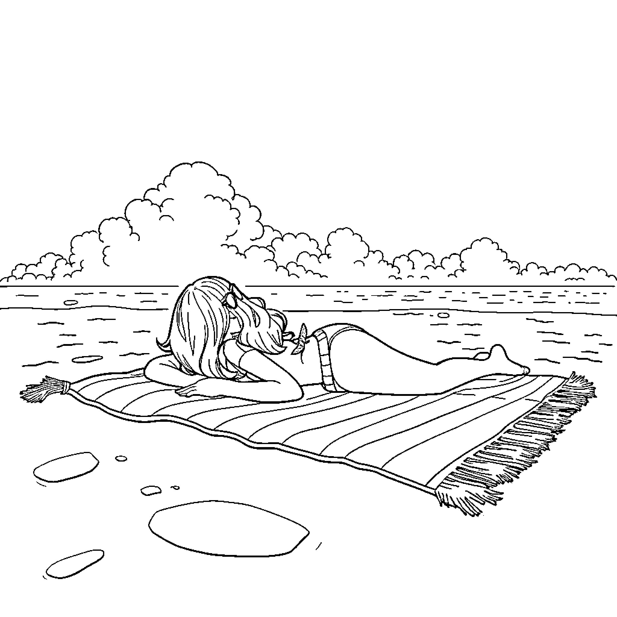 Girl relaxing peacefully on the beach Coloring Page (free black-and-white line drawing printable PDF for all, from beginners to advanced learners, including children, teens, adults, and seniors)