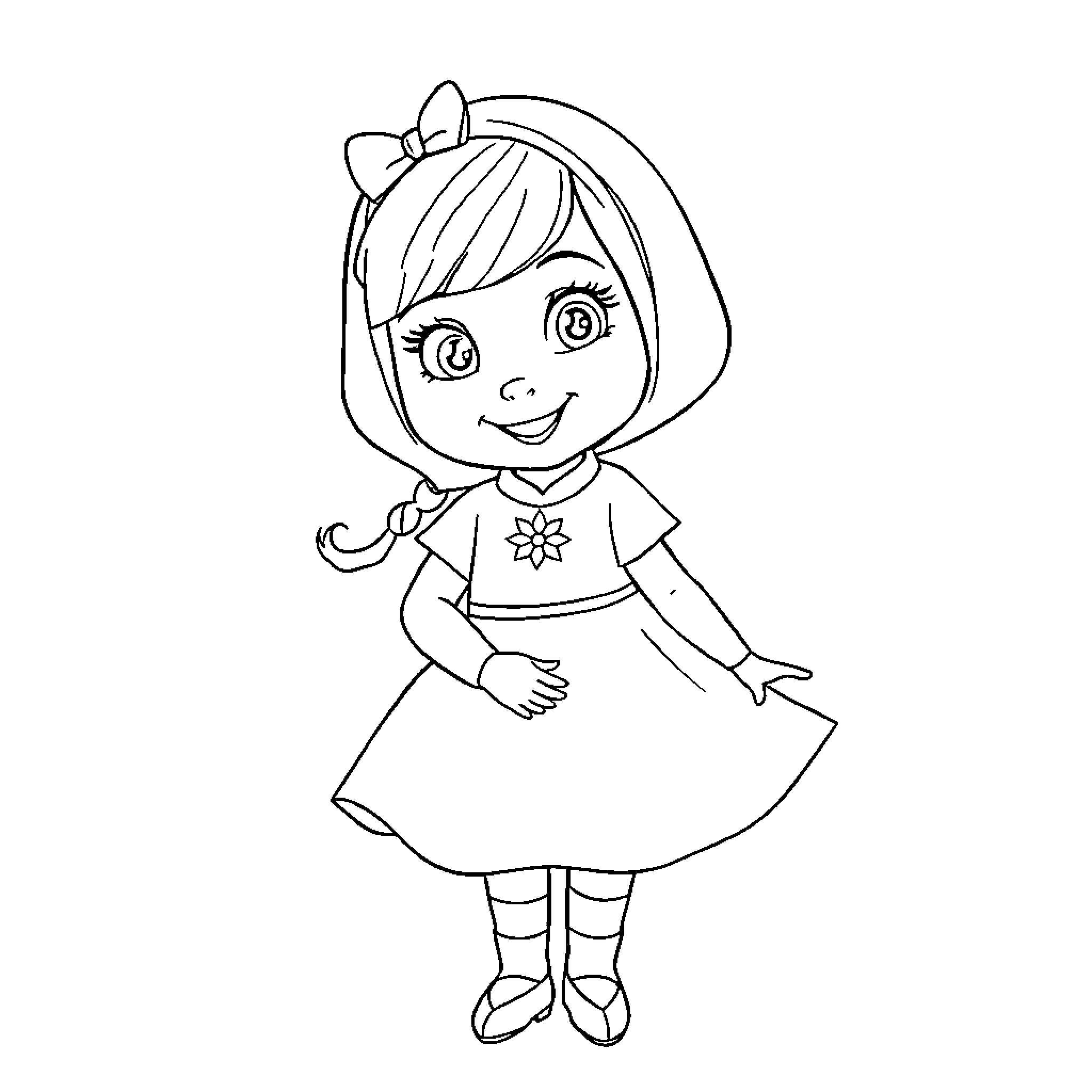 Masha smiling and standing in a dress Coloring Page (free black-and-white line drawing printable PDF for all, from beginners to advanced learners, including children, teens, adults, and seniors)