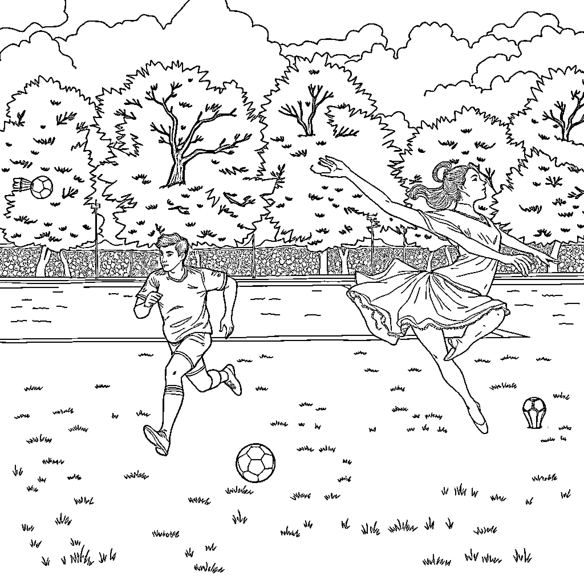 Futbol players in action with dancing performer Coloring Page (free black-and-white line drawing printable PDF for all, from beginners to advanced learners, including children, teens, adults, and seniors)