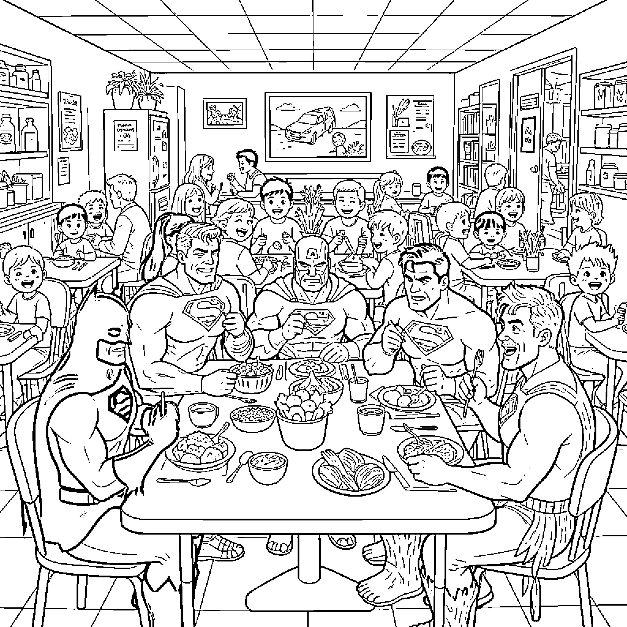 Superheroes gathering for a meal together Coloring Page (free black-and-white line drawing printable PDF for all, from beginners to advanced learners, including children, teens, adults, and seniors)