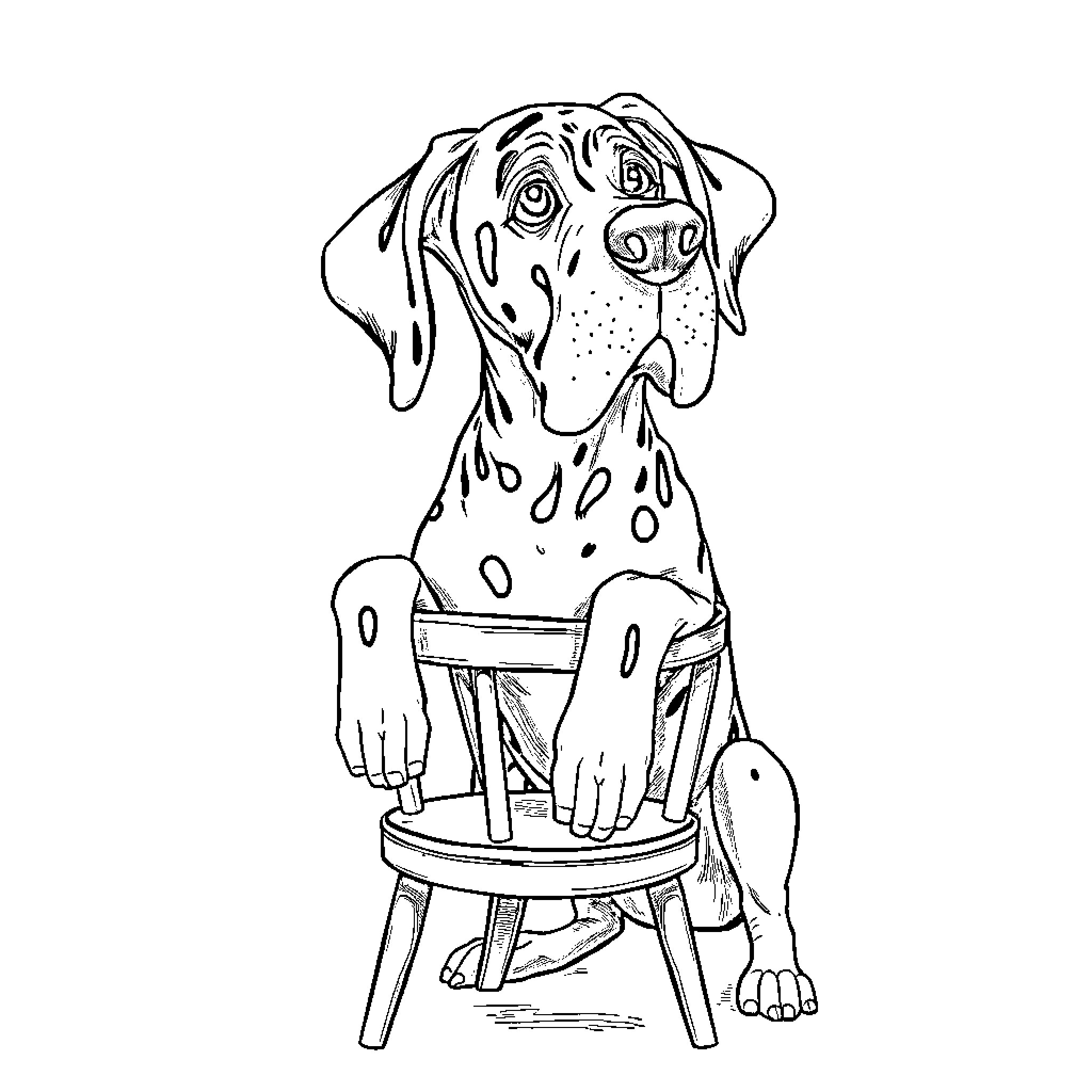 Dog sitting on a chair with curious expression Coloring Page (free black-and-white line drawing printable PDF for all, from beginners to advanced learners, including children, teens, adults, and seniors)