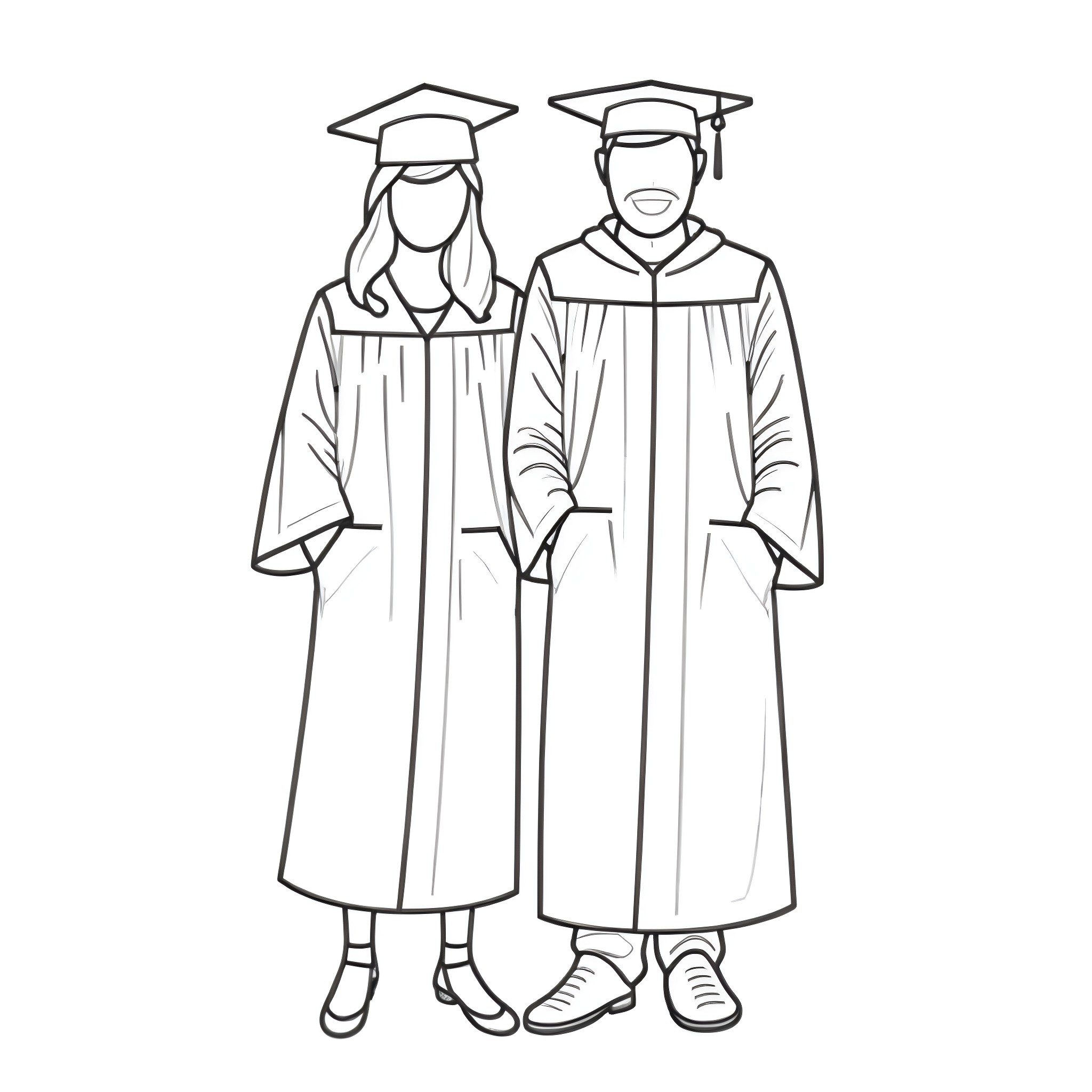 Graduate Couple Celebrating Graduation Coloring Page (free black-and-white line drawing printable PDF for all, from beginners to advanced learners, including children, teens, adults, and seniors)