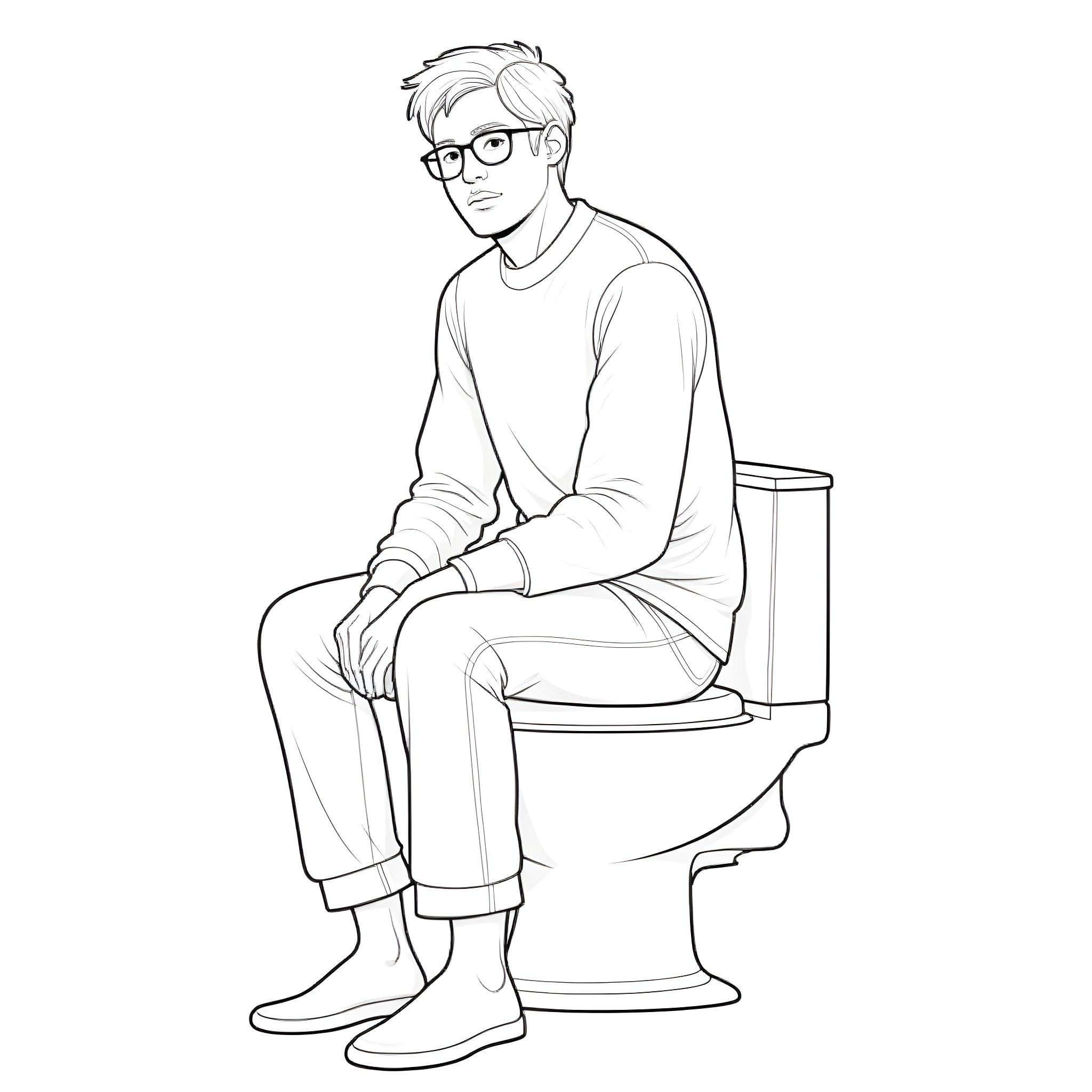 Alexander Siamatas sitting contemplatively on a toilet Coloring Page (free black-and-white line drawing printable PDF for all, from beginners to advanced learners, including children, teens, adults, and seniors)