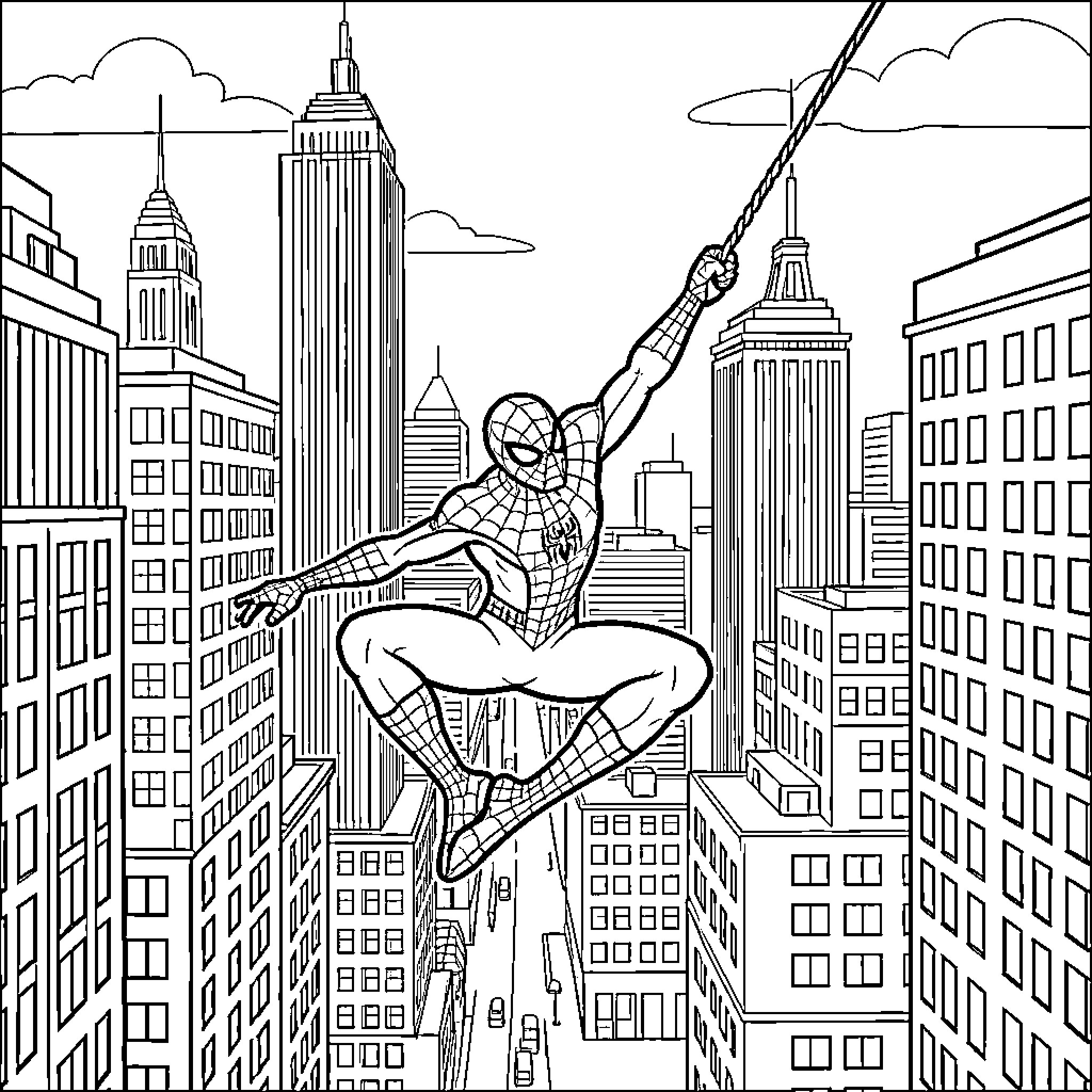 Spiderman swinging through the city skyline Coloring Page (free black-and-white line drawing printable PDF for all, from beginners to advanced learners, including children, teens, adults, and seniors)