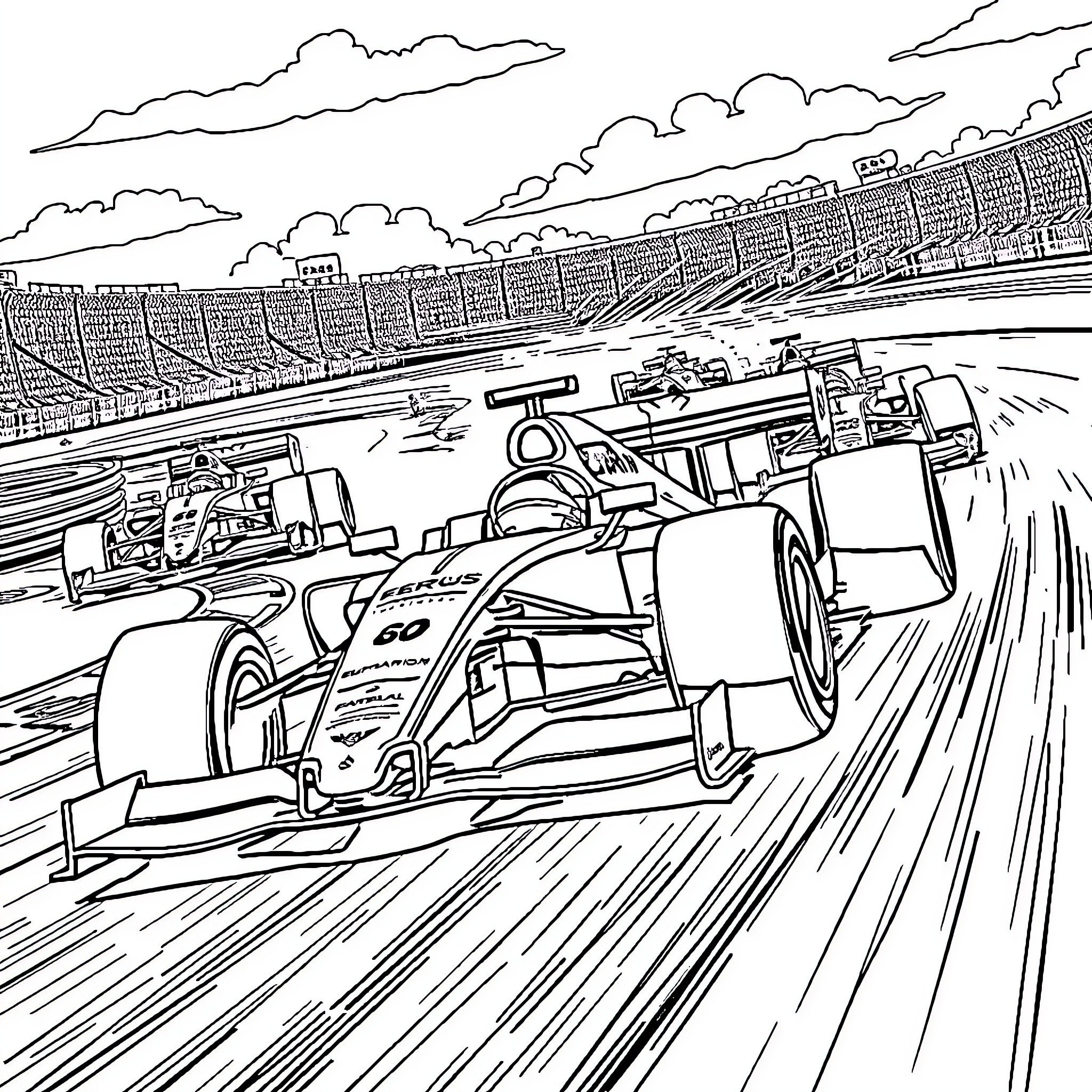 Formula One Race on the Track Coloring Page (free black-and-white line drawing printable PDF for all, from beginners to advanced learners, including children, teens, adults, and seniors)